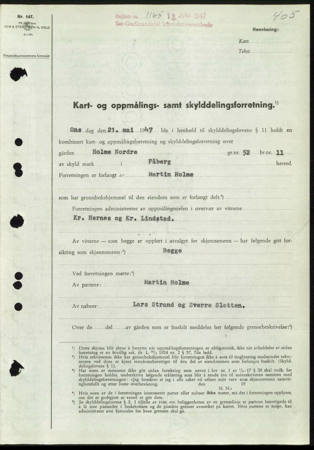 Sør-Gudbrandsdal tingrett, SAH/TING-004/H/Hb/Hbd/L0018: Pantebok nr. A18, 1947-1947, Dagboknr: 1165/1947