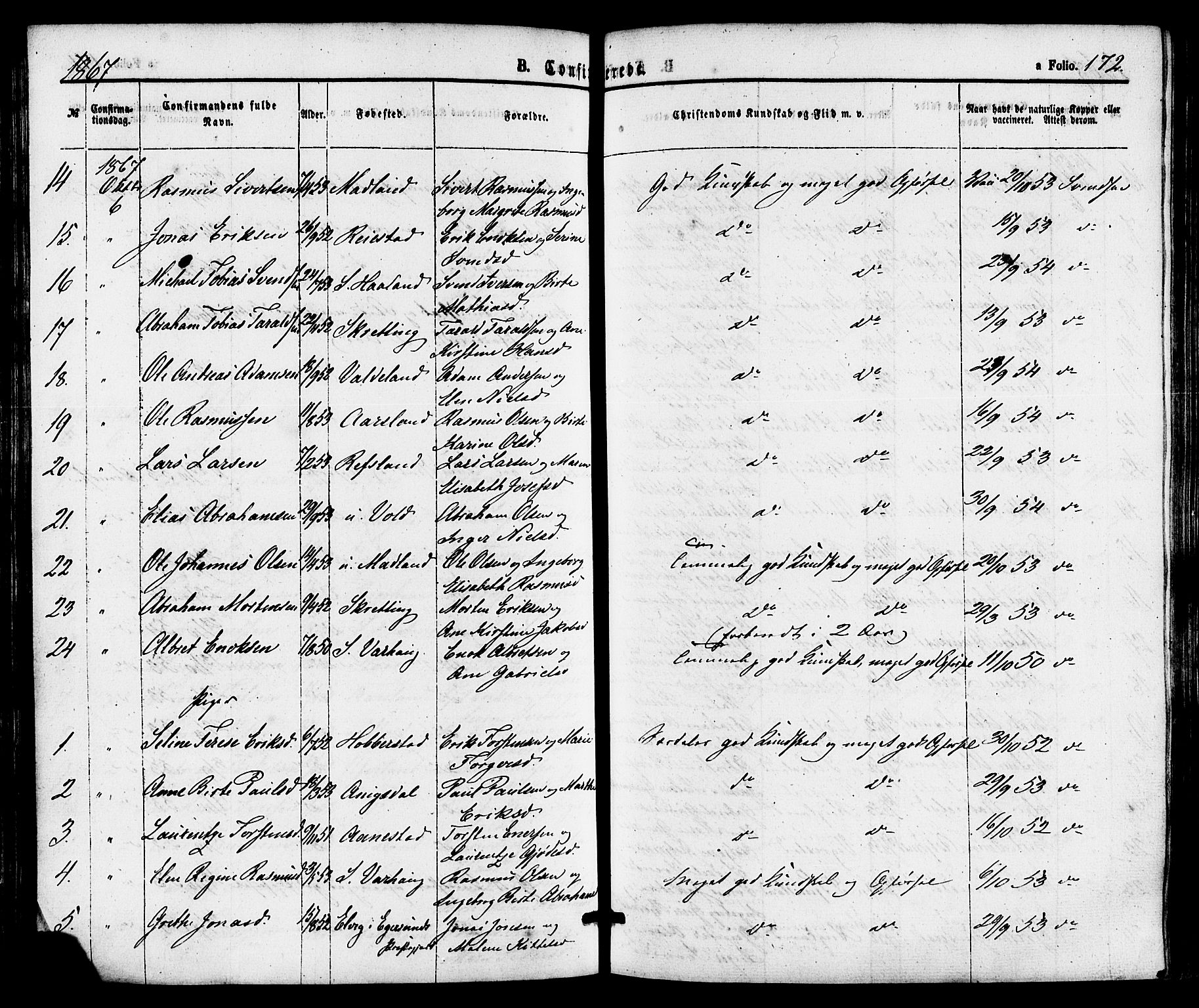 Hå sokneprestkontor, AV/SAST-A-101801/001/30BA/L0009: Ministerialbok nr. A 8, 1855-1878, s. 172