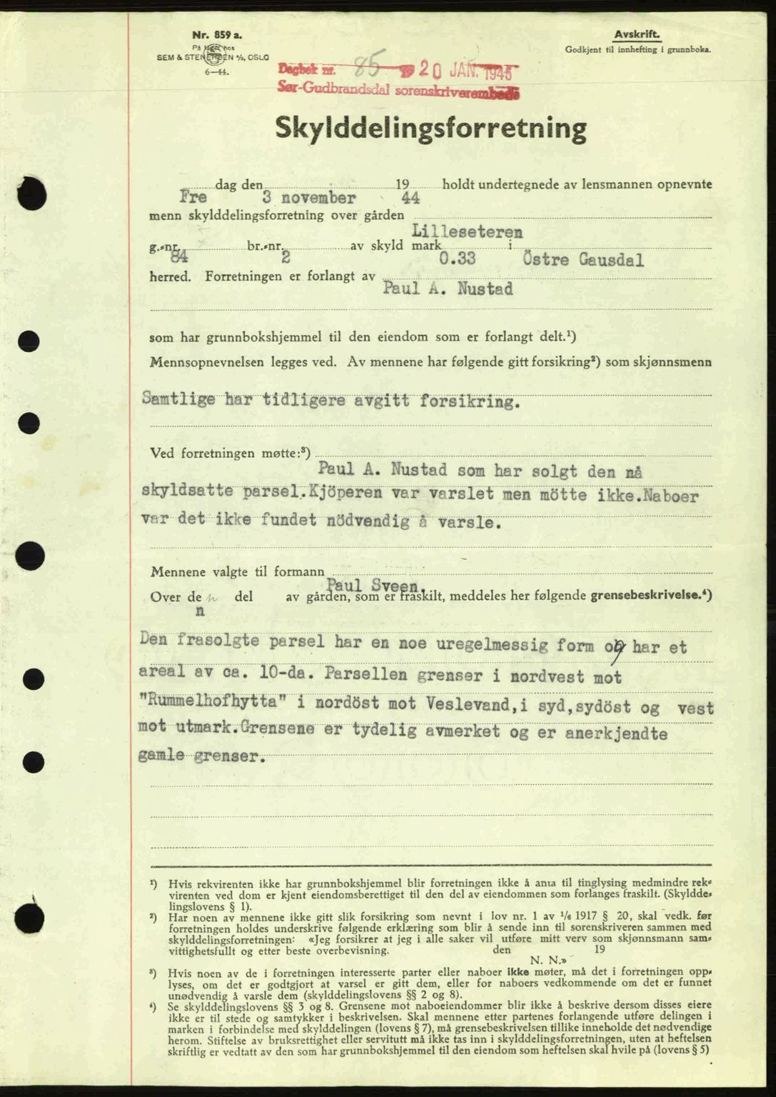 Sør-Gudbrandsdal tingrett, SAH/TING-004/H/Hb/Hbd/L0014: Pantebok nr. A14, 1944-1945, Dagboknr: 85/1945