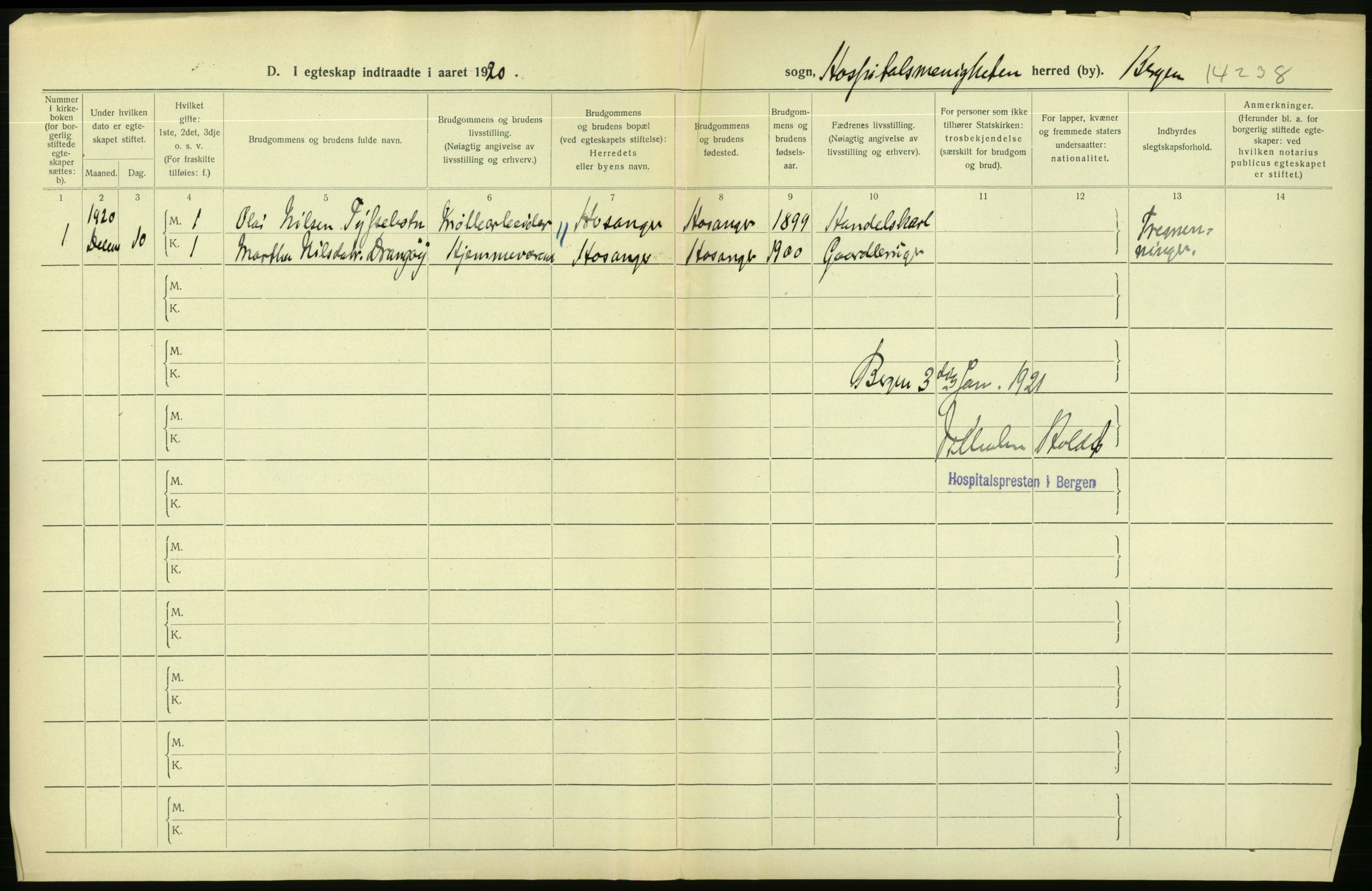 Statistisk sentralbyrå, Sosiodemografiske emner, Befolkning, AV/RA-S-2228/D/Df/Dfb/Dfbj/L0042: Bergen: Gifte, døde, dødfødte., 1920, s. 26