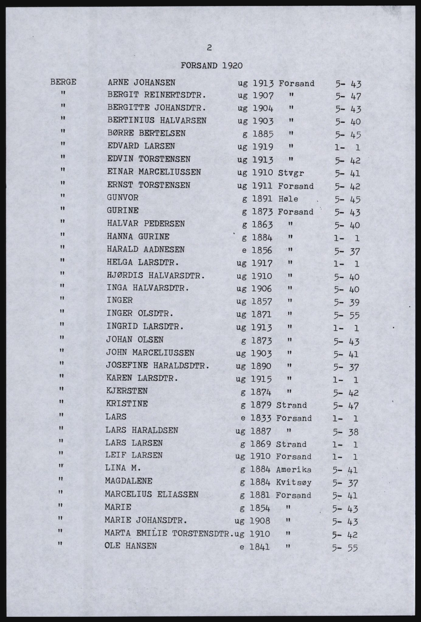 SAST, Avskrift av folketellingen 1920 for Forsand herred, 1920, s. 8