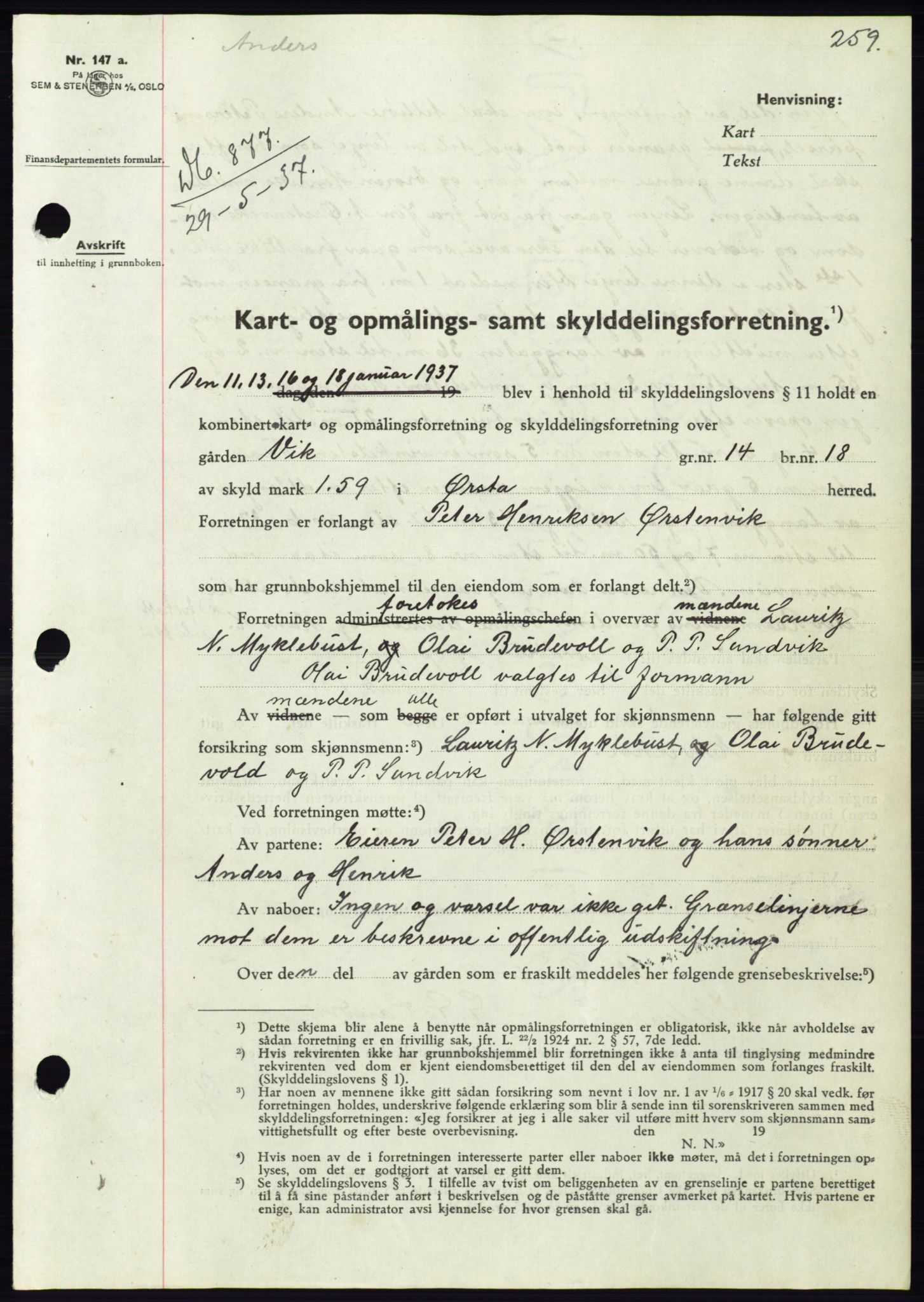 Søre Sunnmøre sorenskriveri, AV/SAT-A-4122/1/2/2C/L0063: Pantebok nr. 57, 1937-1937, Dagboknr: 877/1937