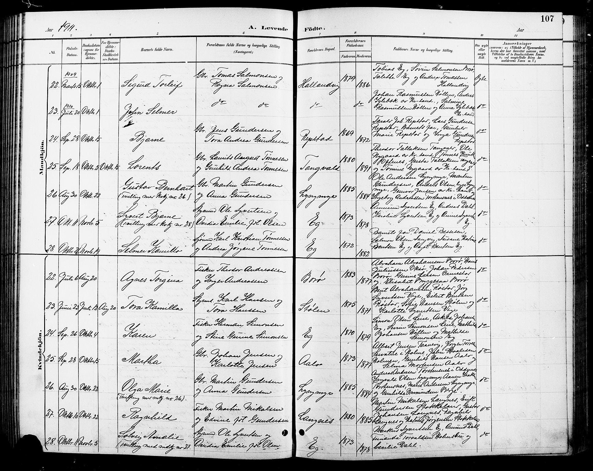 Søgne sokneprestkontor, AV/SAK-1111-0037/F/Fb/Fbb/L0006: Klokkerbok nr. B 6, 1892-1911, s. 107