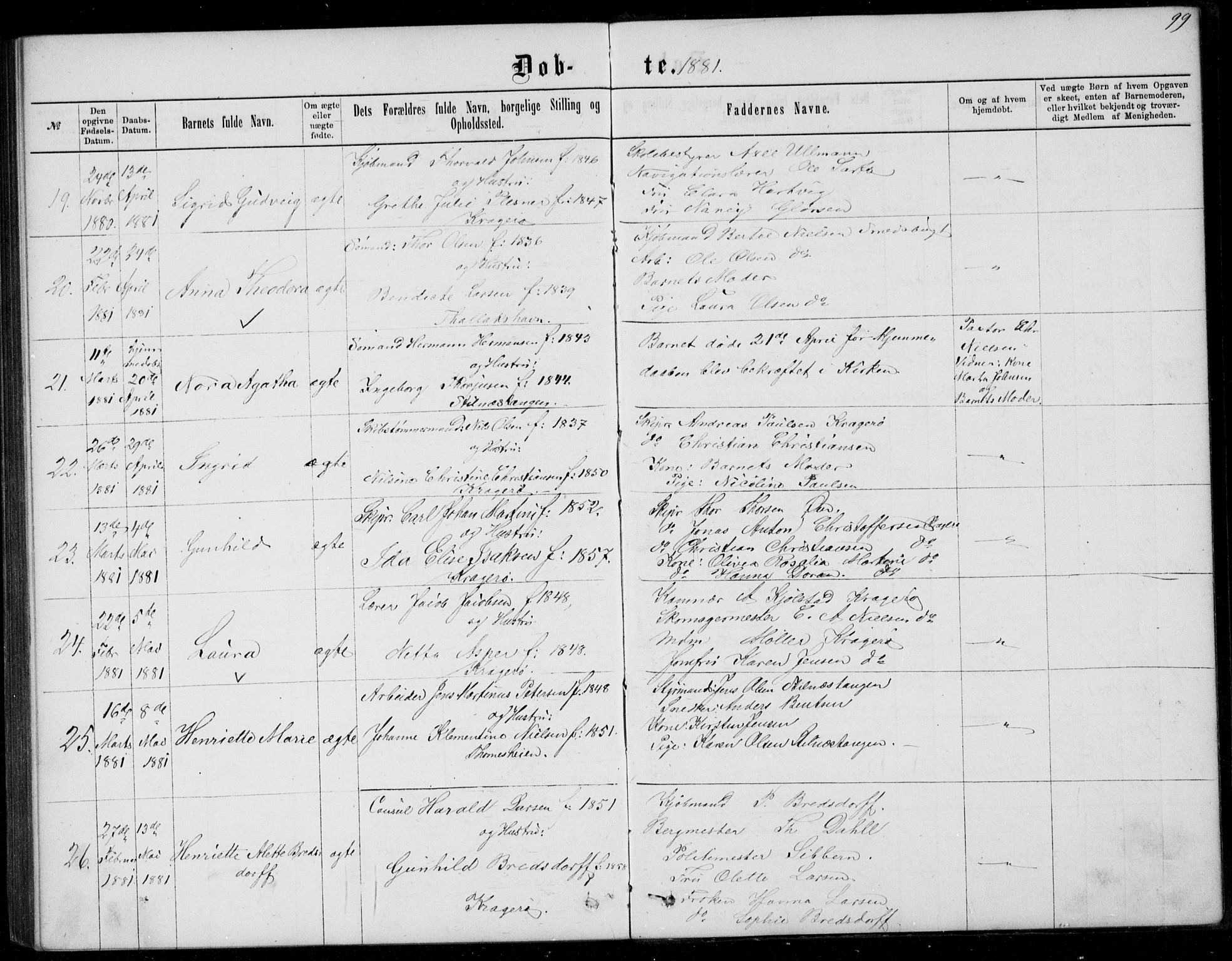 Kragerø kirkebøker, AV/SAKO-A-278/G/Ga/L0006: Klokkerbok nr. 6, 1876-1881, s. 99
