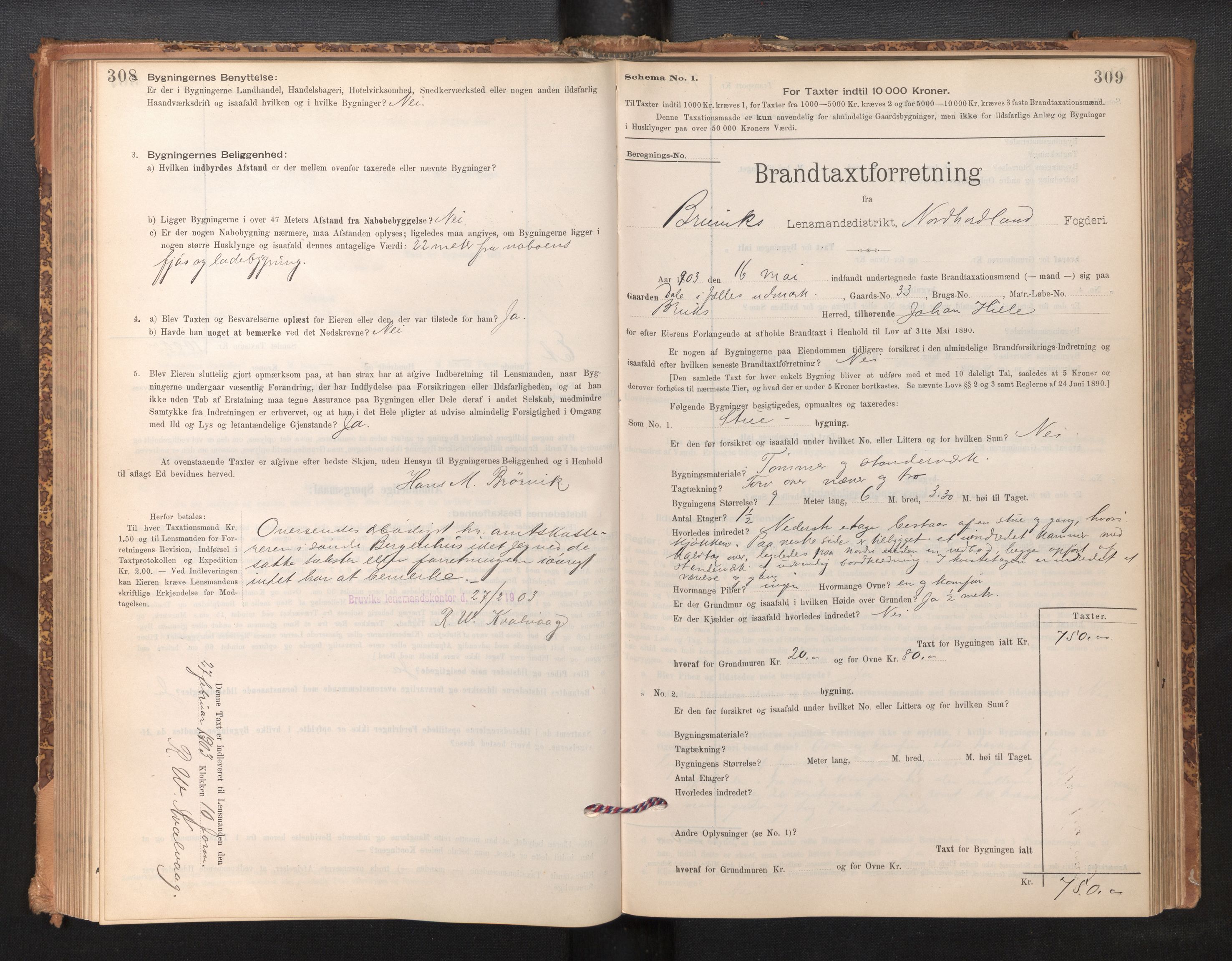 Lensmannen i Bruvik, SAB/A-31301/0012/L0006: Branntakstprotokoll, skjematakst, 1894-1906, s. 308-309