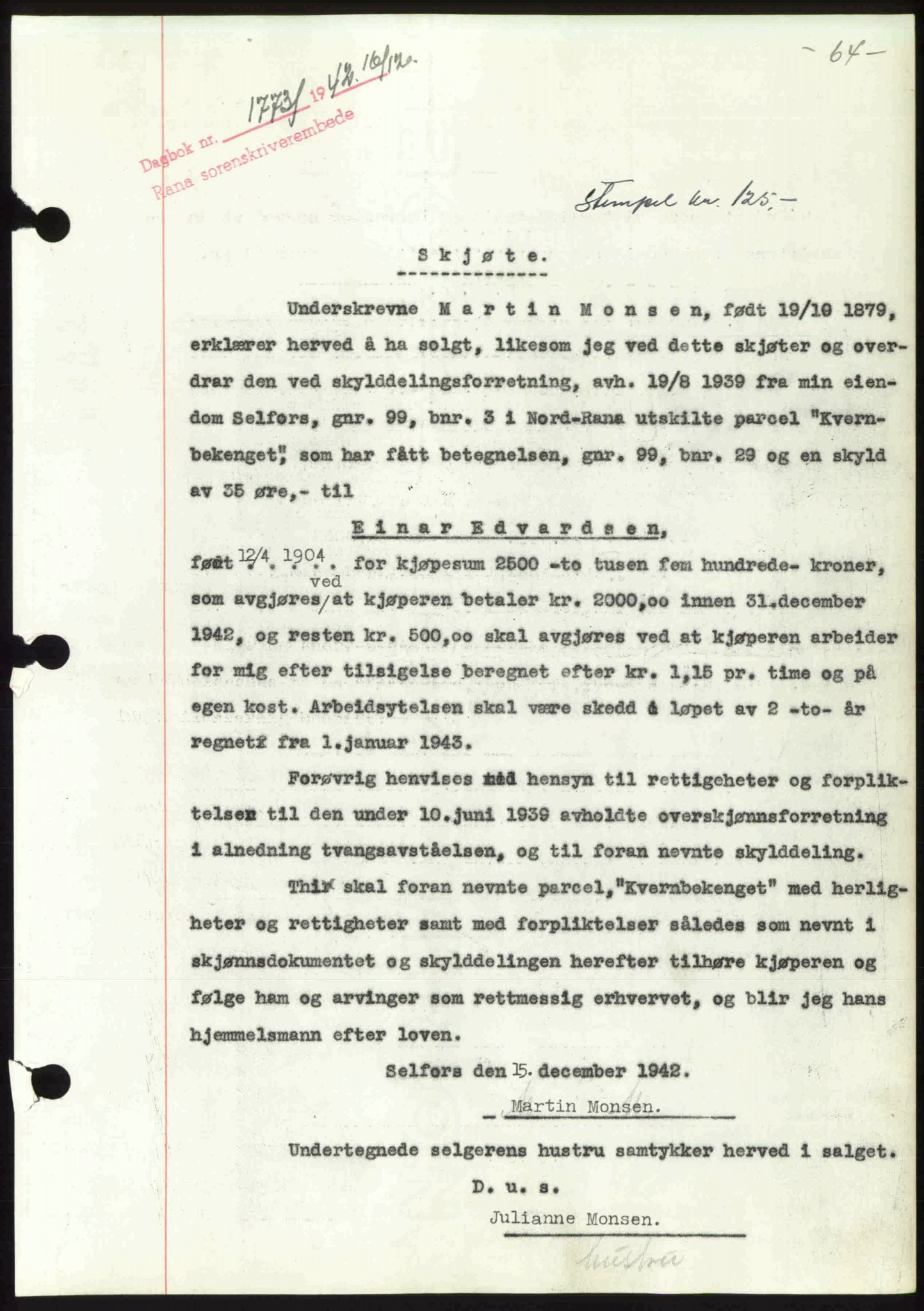 Rana sorenskriveri , SAT/A-1108/1/2/2C: Pantebok nr. A 10, 1942-1943, Dagboknr: 1773/1942