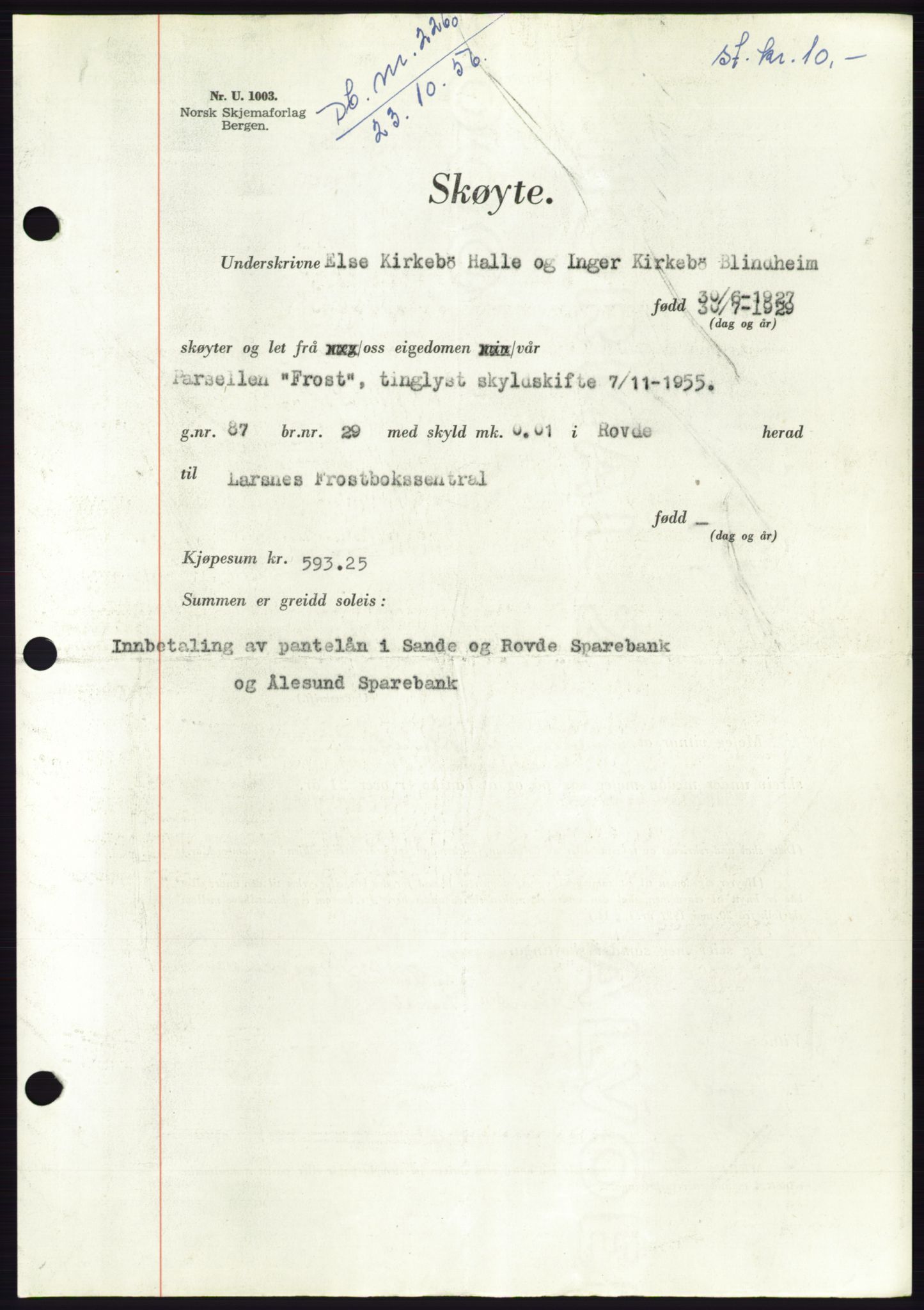 Søre Sunnmøre sorenskriveri, AV/SAT-A-4122/1/2/2C/L0104: Pantebok nr. 30A, 1956-1956, Dagboknr: 2266/1956