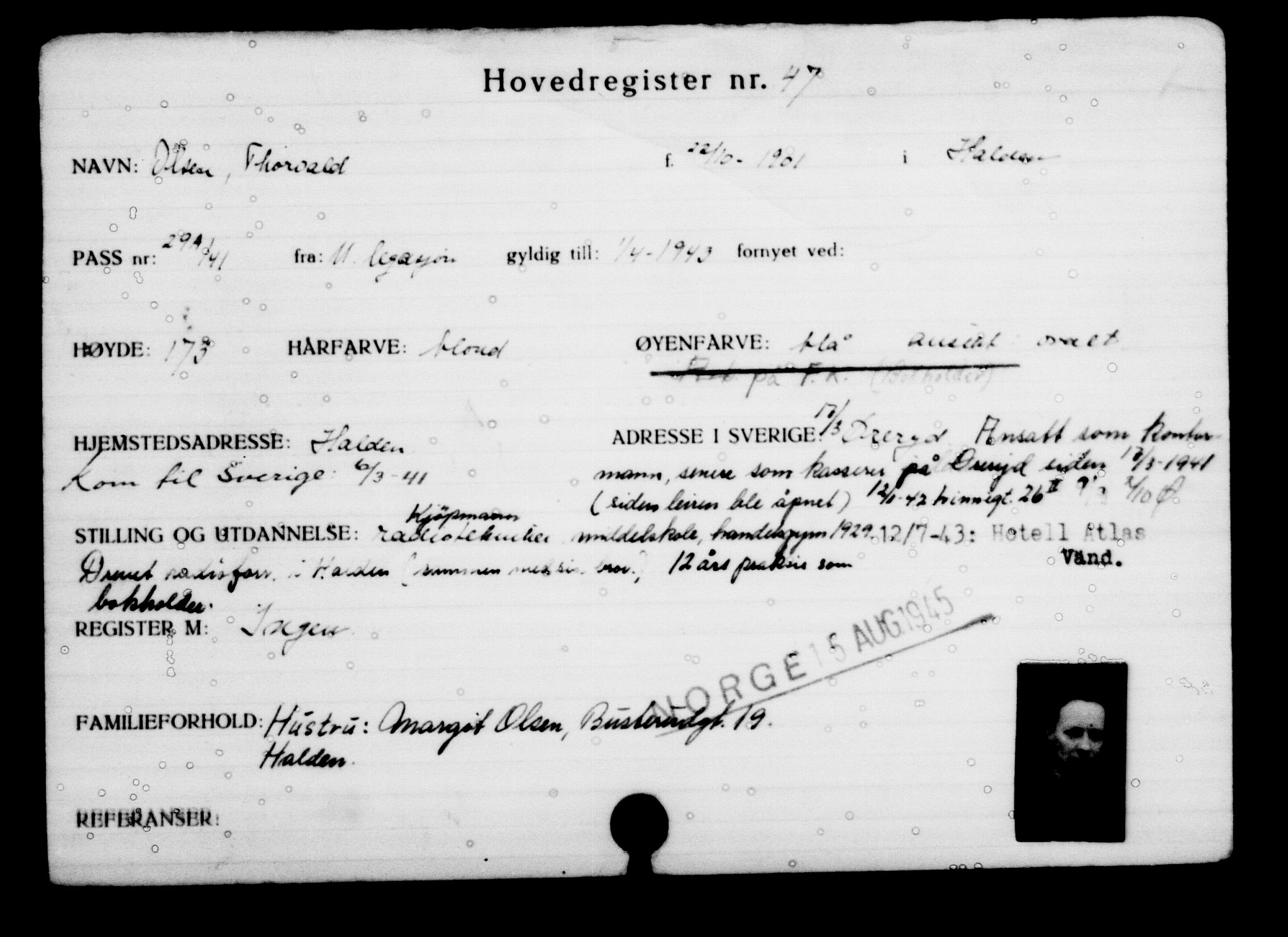 Utenriksstasjonene, Legasjonen i Stockholm, Flyktningkontoret, AV/RA-S-6753/V/Va/L0001: Kjesäterkartoteket, flyktninger med registreringsnr. 1-1000, 1940-1945, s. 81