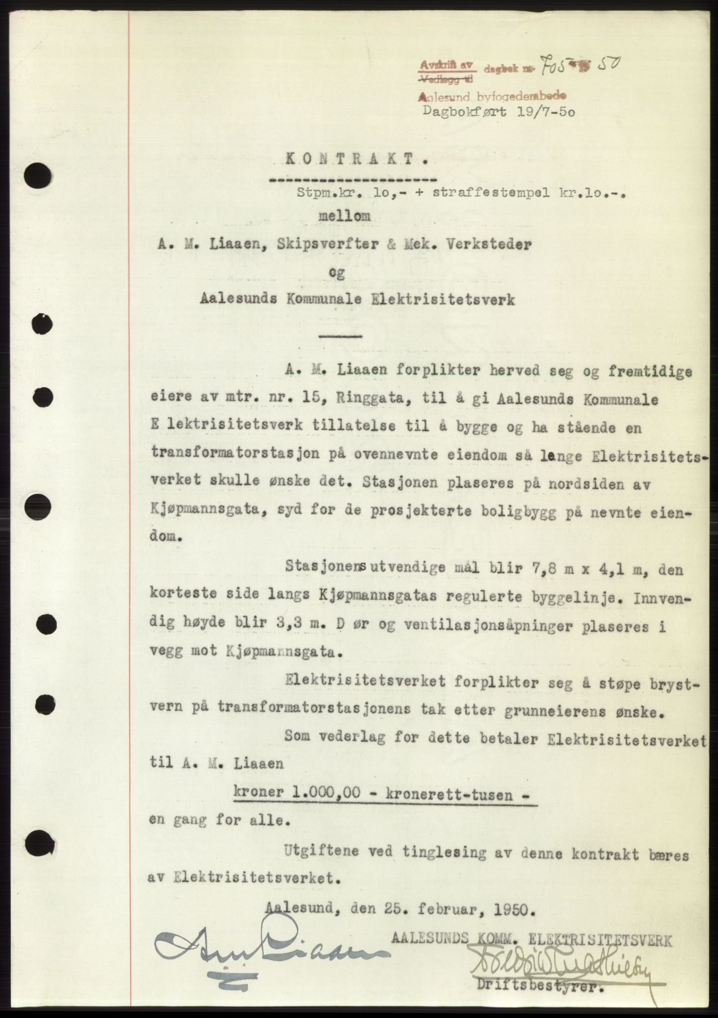 Ålesund byfogd, SAT/A-4384: Pantebok nr. B36-38, 1948-1950, Dagboknr: 705/1950