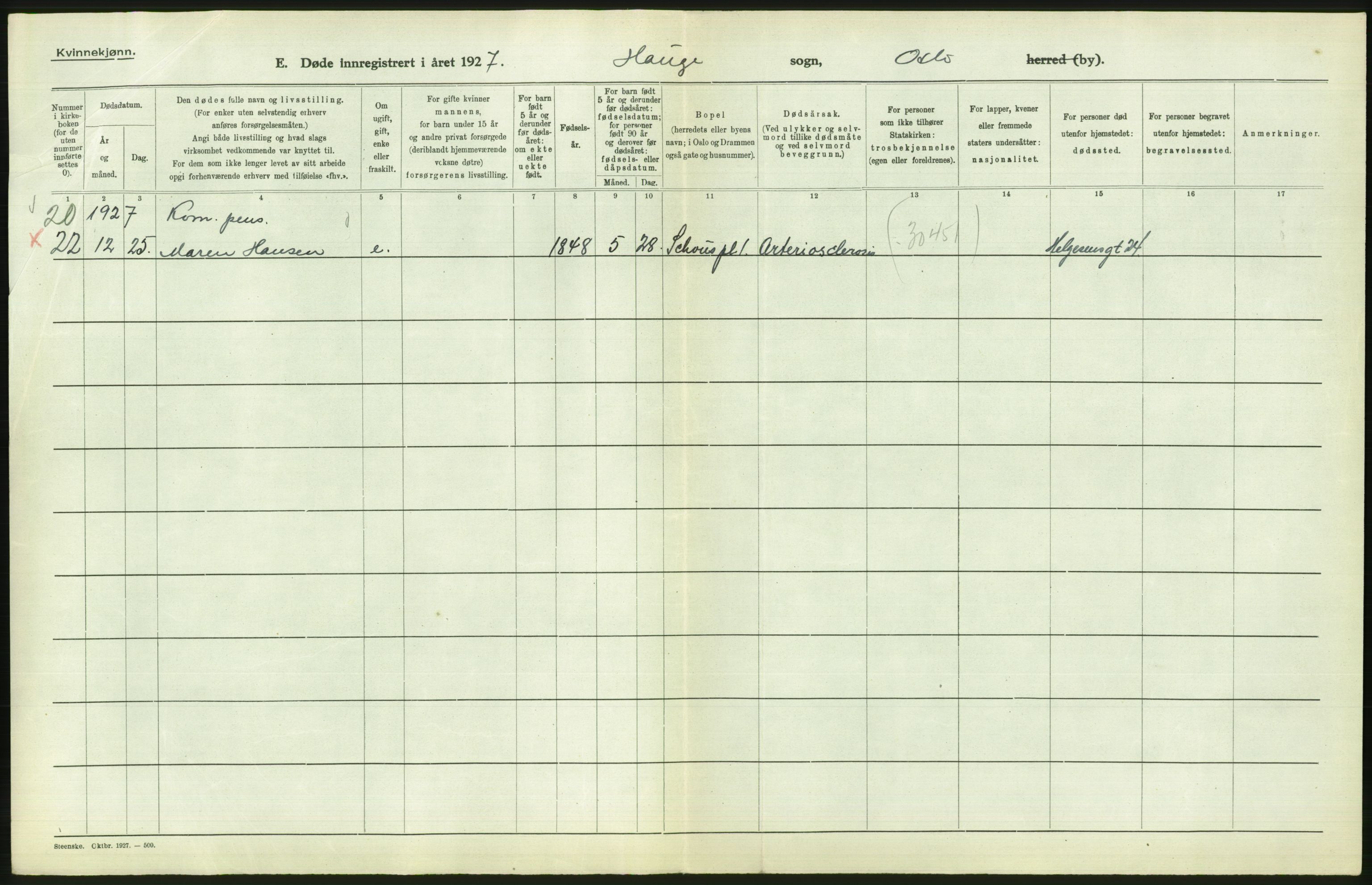 Statistisk sentralbyrå, Sosiodemografiske emner, Befolkning, AV/RA-S-2228/D/Df/Dfc/Dfcg/L0010: Oslo: Døde kvinner, dødfødte, 1927, s. 700