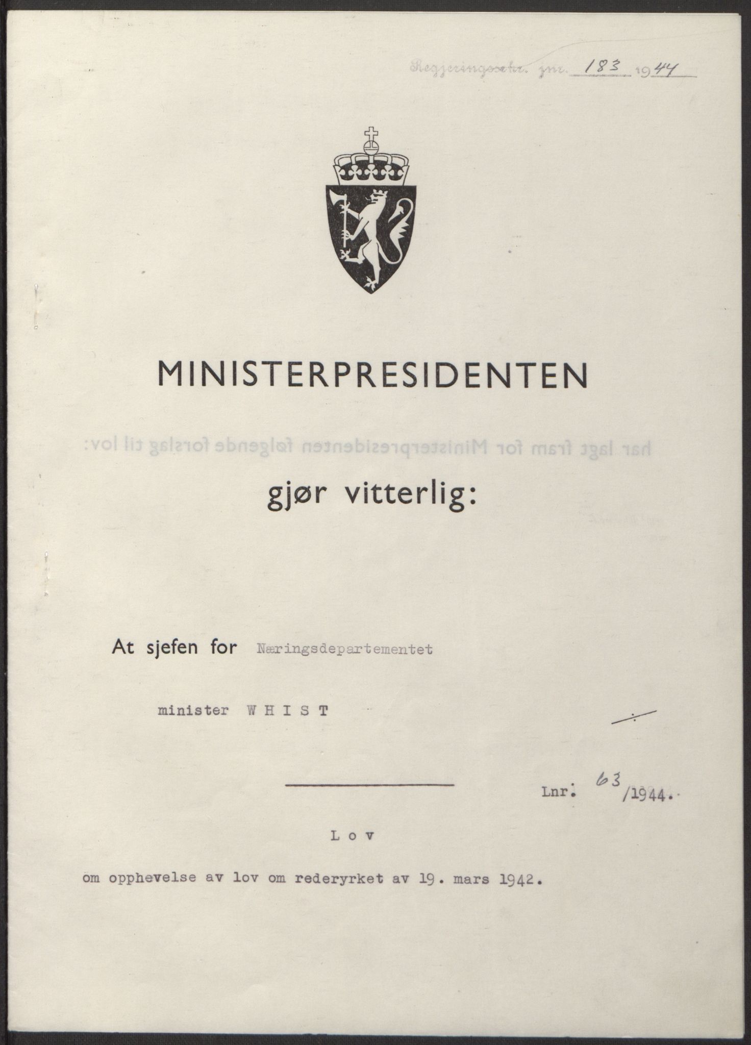 NS-administrasjonen 1940-1945 (Statsrådsekretariatet, de kommisariske statsråder mm), RA/S-4279/D/Db/L0100: Lover, 1944, s. 299
