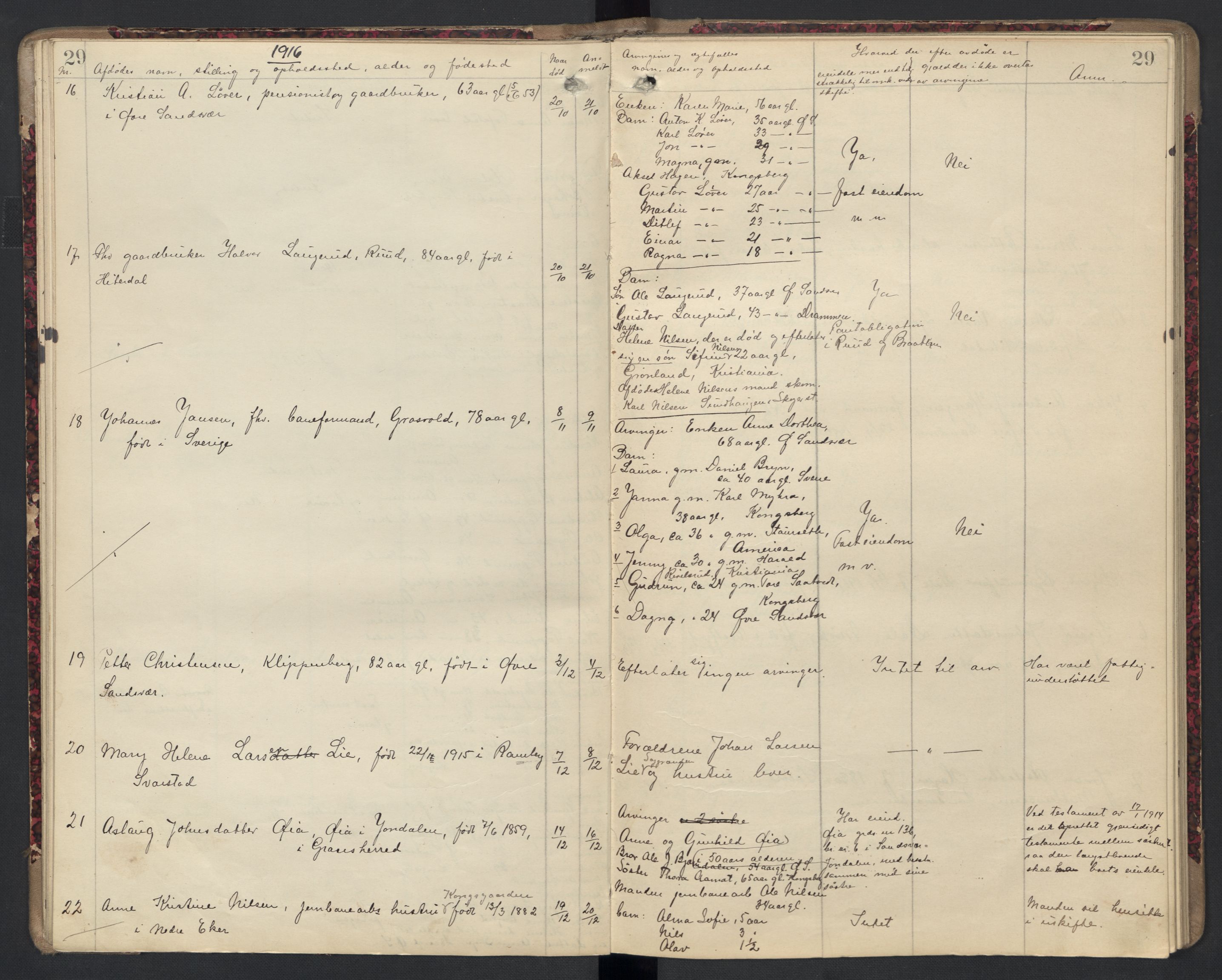 Øvre Sandsvær lensmannskontor, AV/SAKO-A-514/H/Hb/L0003: Registreringsprotokoll, 1905-1918, s. 29
