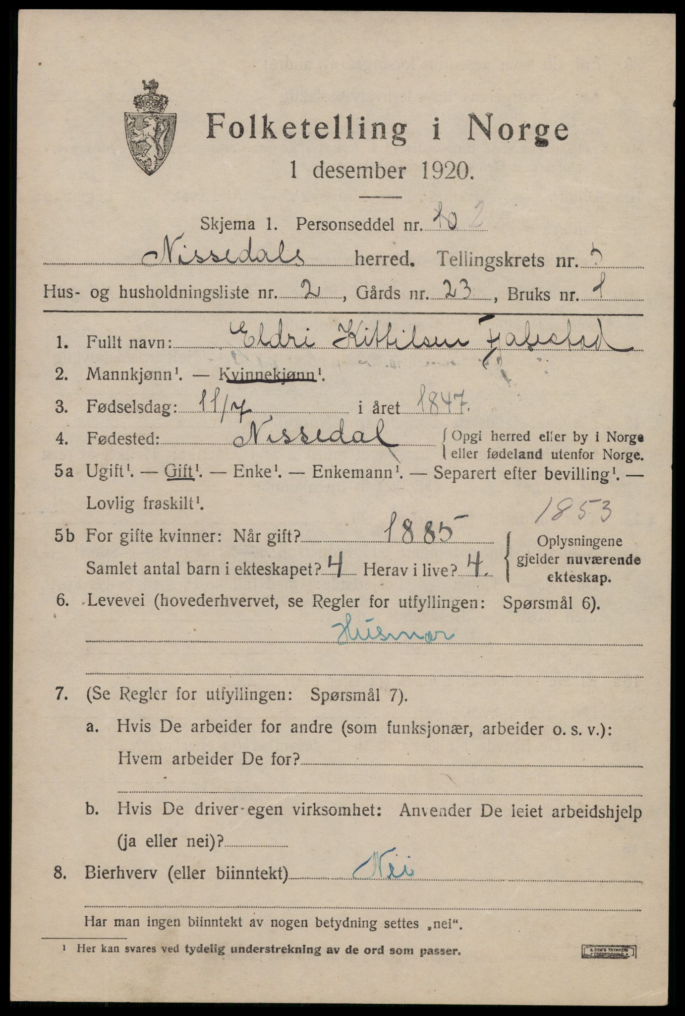 SAKO, Folketelling 1920 for 0830 Nissedal herred, 1920, s. 2047