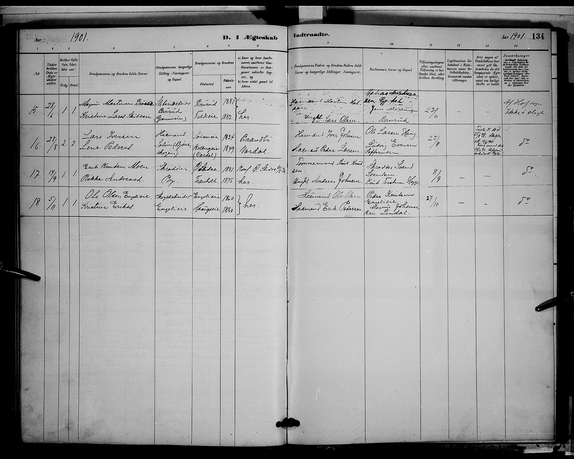 Søndre Land prestekontor, AV/SAH-PREST-122/L/L0003: Klokkerbok nr. 3, 1884-1902, s. 134