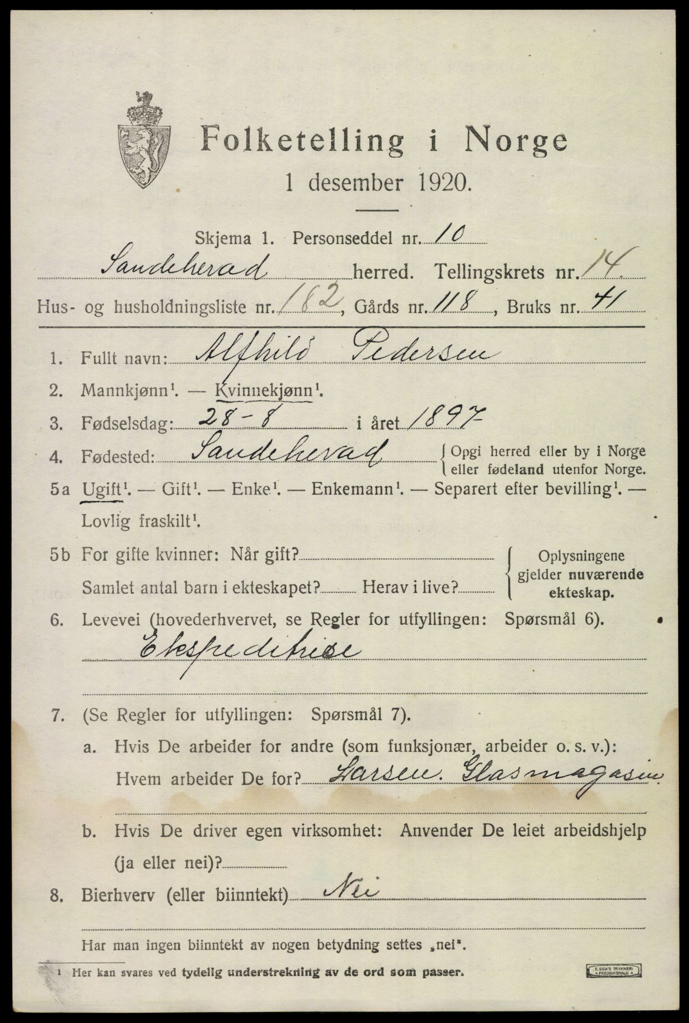 SAKO, Folketelling 1920 for 0724 Sandeherred herred, 1920, s. 22900