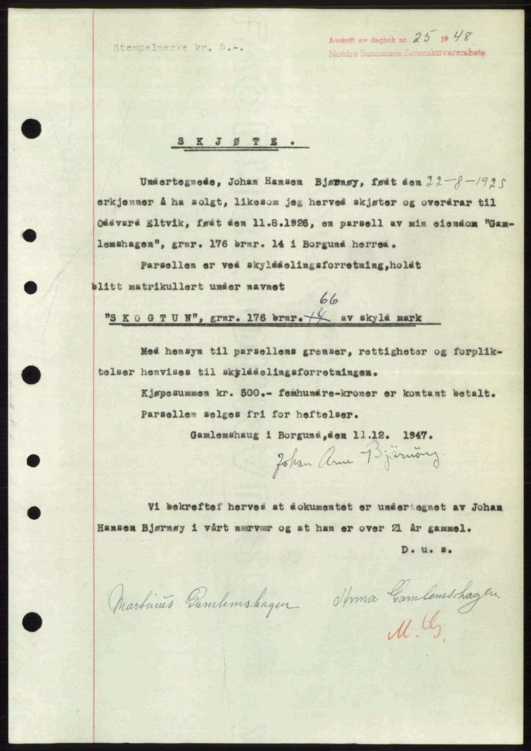 Nordre Sunnmøre sorenskriveri, AV/SAT-A-0006/1/2/2C/2Ca: Pantebok nr. A26, 1947-1948, Dagboknr: 25/1948