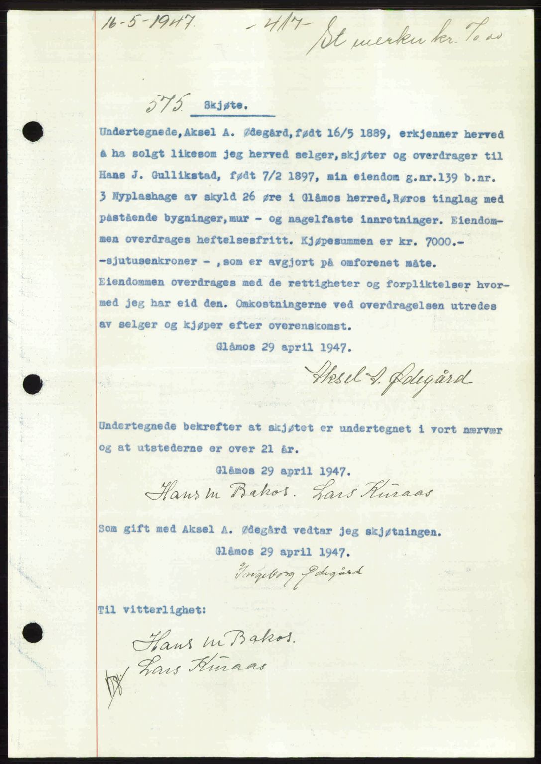 Gauldal sorenskriveri, SAT/A-0014/1/2/2C: Pantebok nr. A3, 1947-1947, Dagboknr: 575/1947