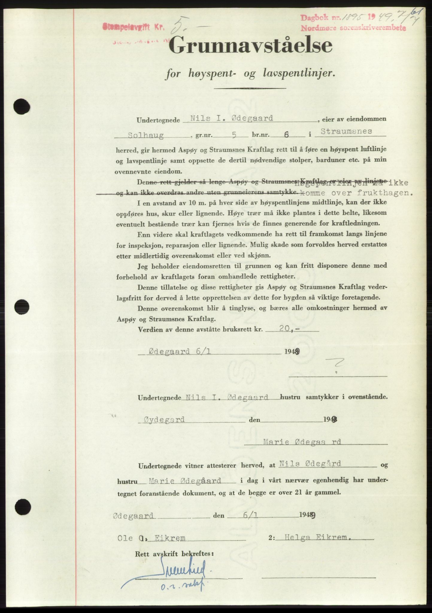 Nordmøre sorenskriveri, AV/SAT-A-4132/1/2/2Ca: Pantebok nr. B102, 1949-1949, Dagboknr: 1895/1949