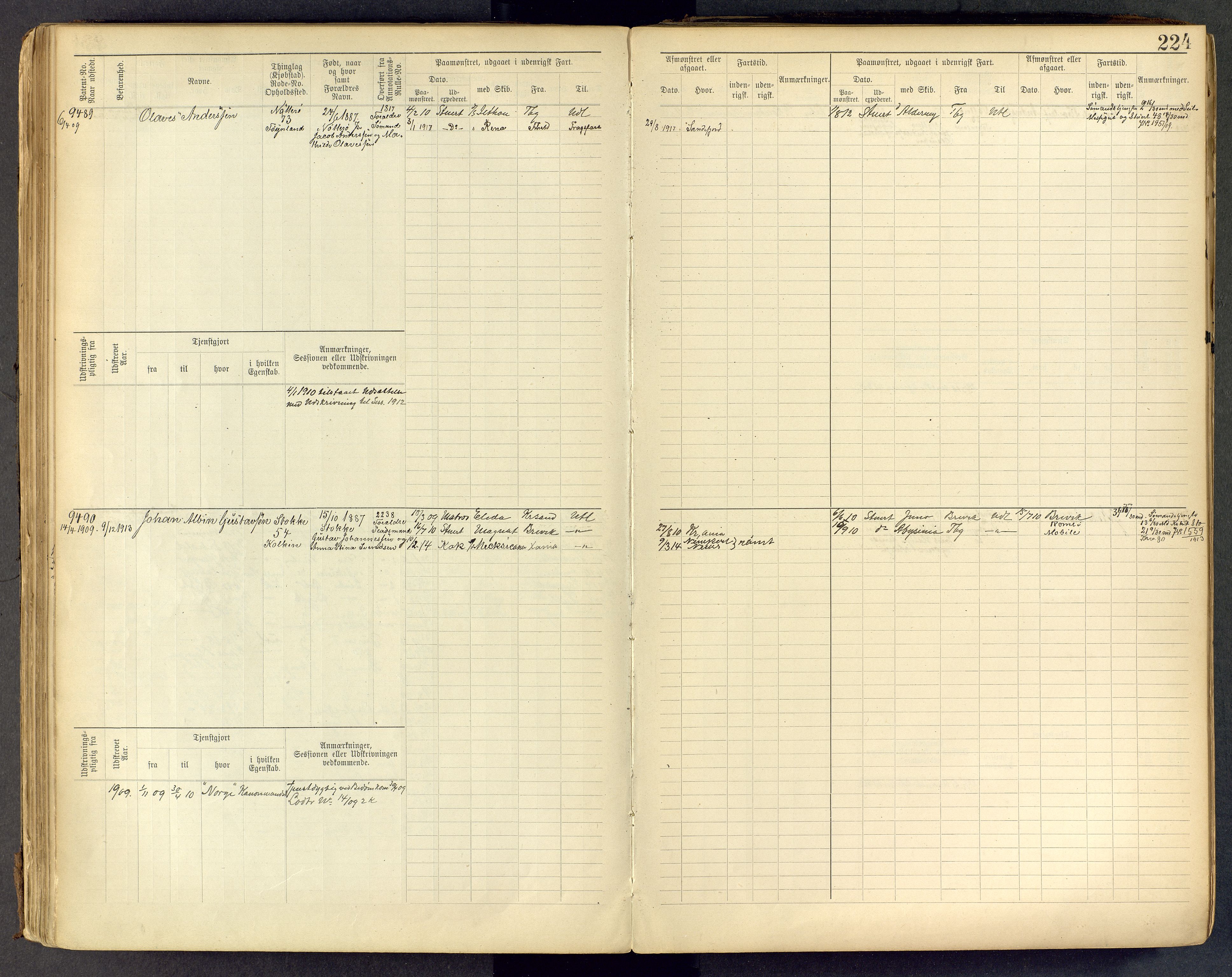 Tønsberg innrulleringskontor, AV/SAKO-A-786/F/Fc/Fcb/L0009: Hovedrulle Patent nr. 9043-9992, 1900-1921, s. 224