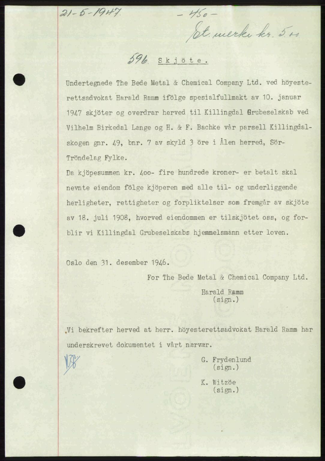 Gauldal sorenskriveri, SAT/A-0014/1/2/2C: Pantebok nr. A3, 1947-1947, Dagboknr: 596/1947