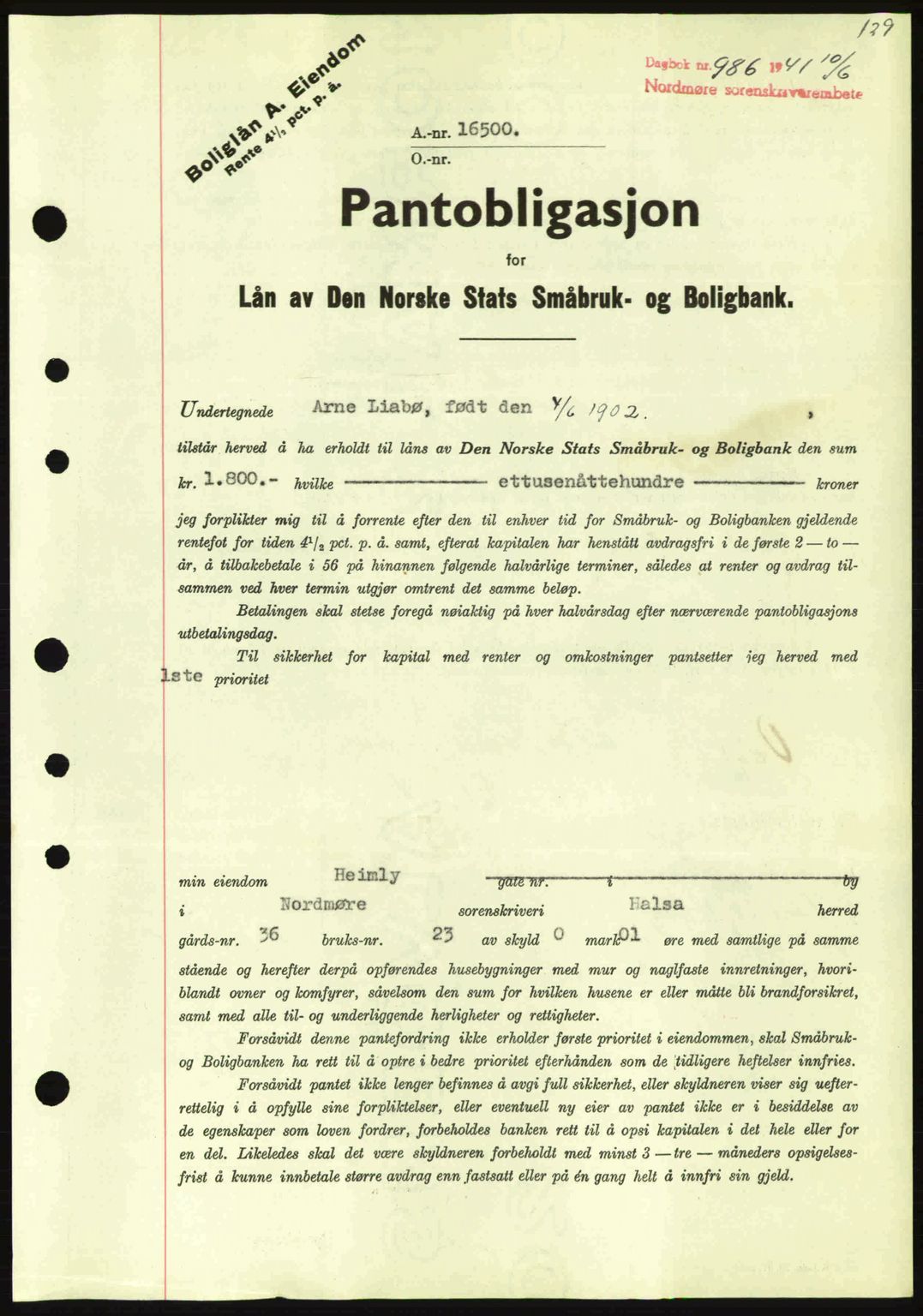 Nordmøre sorenskriveri, SAT/A-4132/1/2/2Ca: Pantebok nr. B88, 1941-1942, Dagboknr: 986/1941