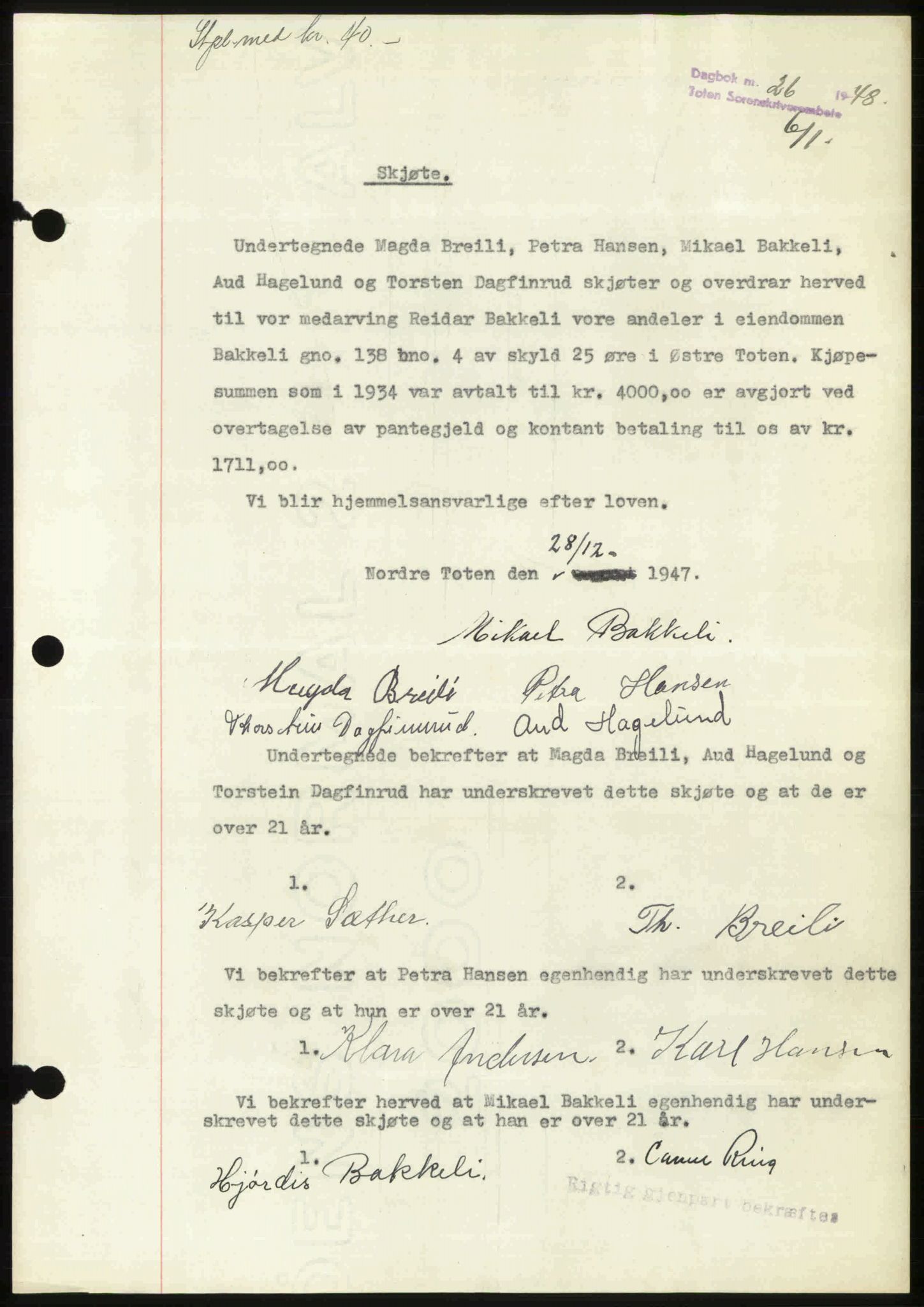 Toten tingrett, AV/SAH-TING-006/H/Hb/Hbc/L0019: Pantebok nr. Hbc-19, 1947-1948, Dagboknr: 26/1948