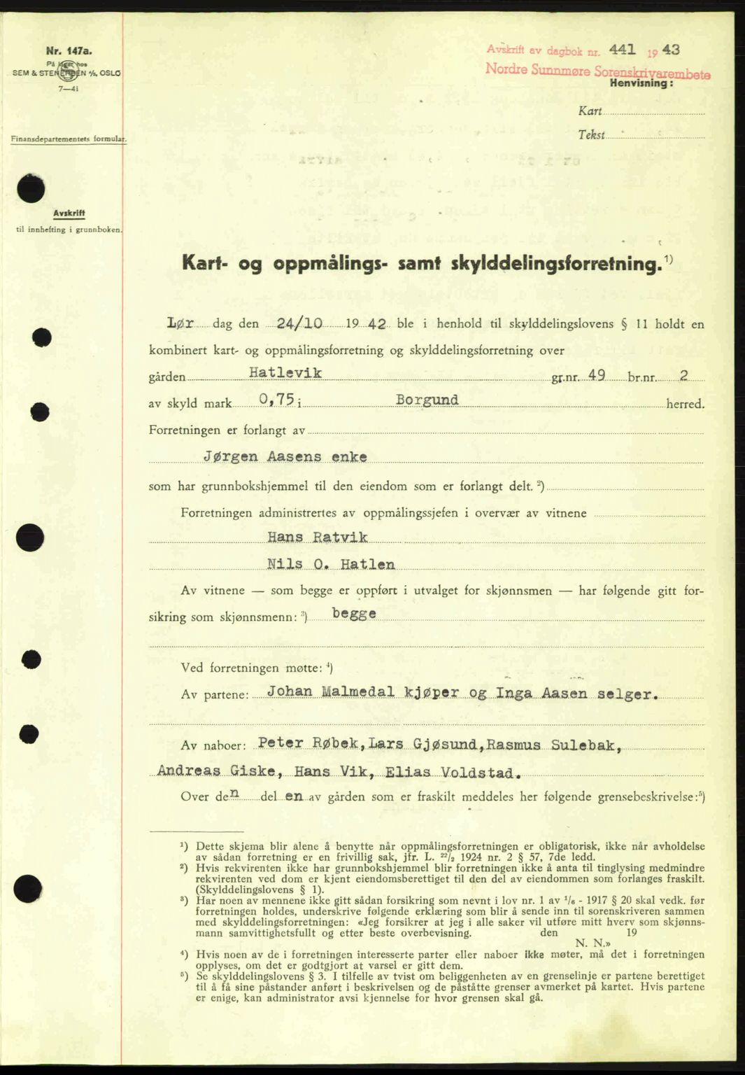 Nordre Sunnmøre sorenskriveri, AV/SAT-A-0006/1/2/2C/2Ca: Pantebok nr. A15, 1942-1943, Dagboknr: 441/1943