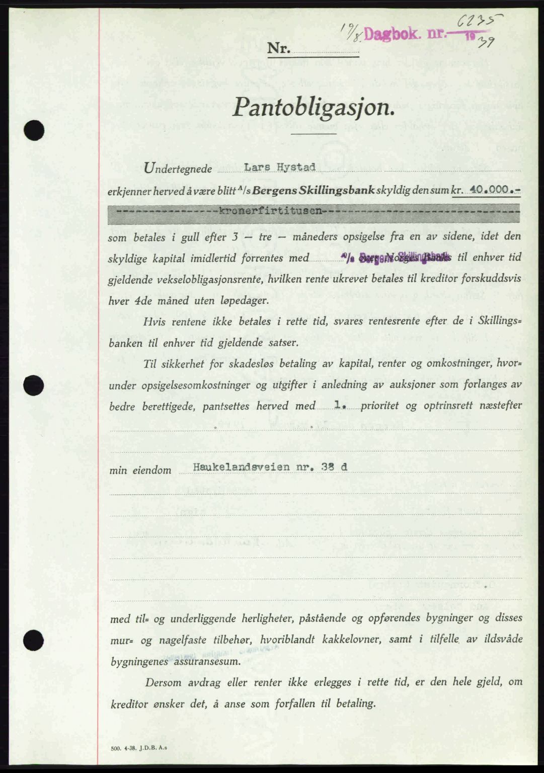 Byfogd og Byskriver i Bergen, SAB/A-3401/03/03Bd/L0001: Pantebok nr. B1-25, 1936-1945, Dagboknr: 6235/1939