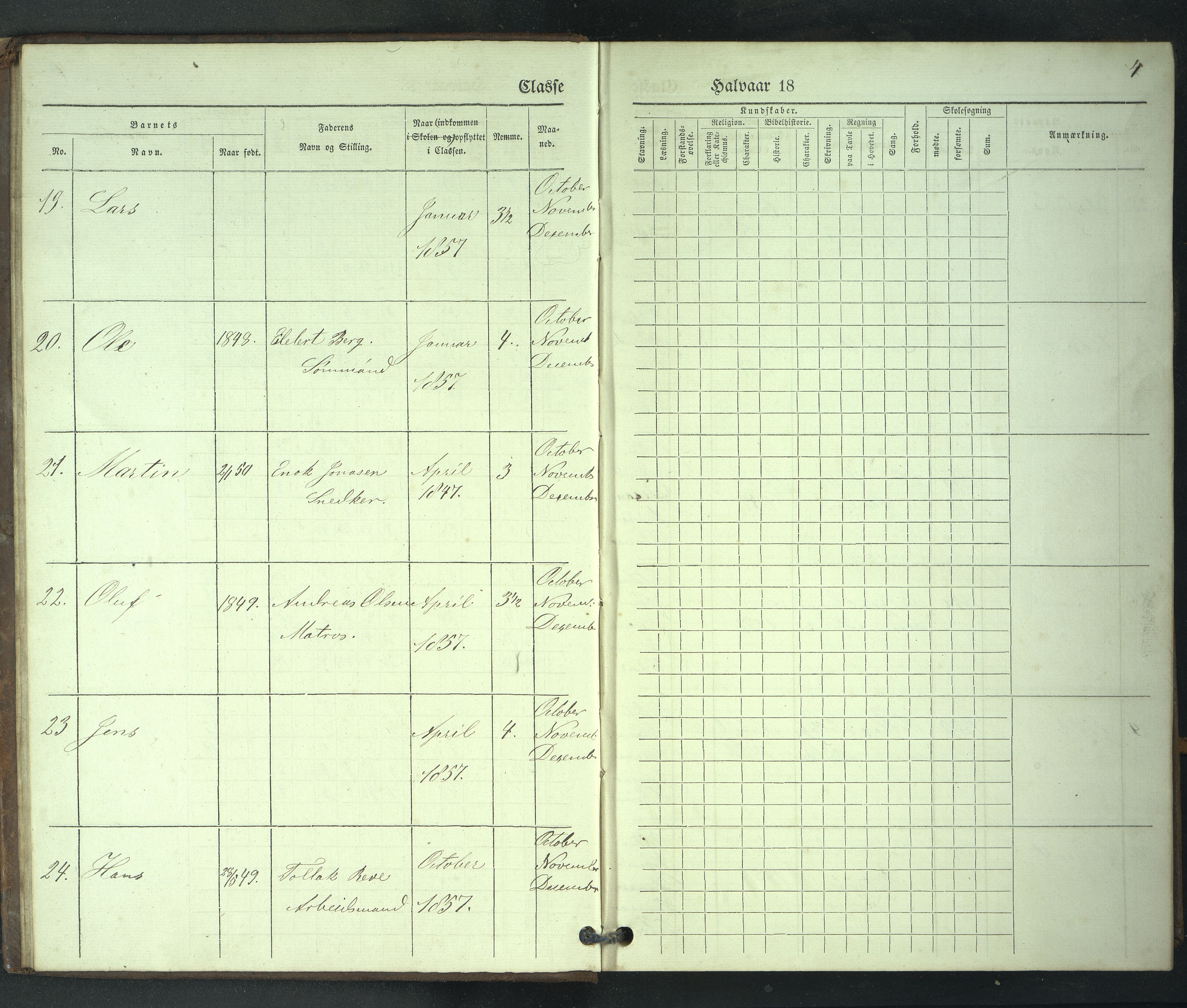 Stavanger kommune. Stavanger almueskole, BYST/A-0014/G/Gc/L0008: Skoleprotokoll, 1. klasse , 1857-1866