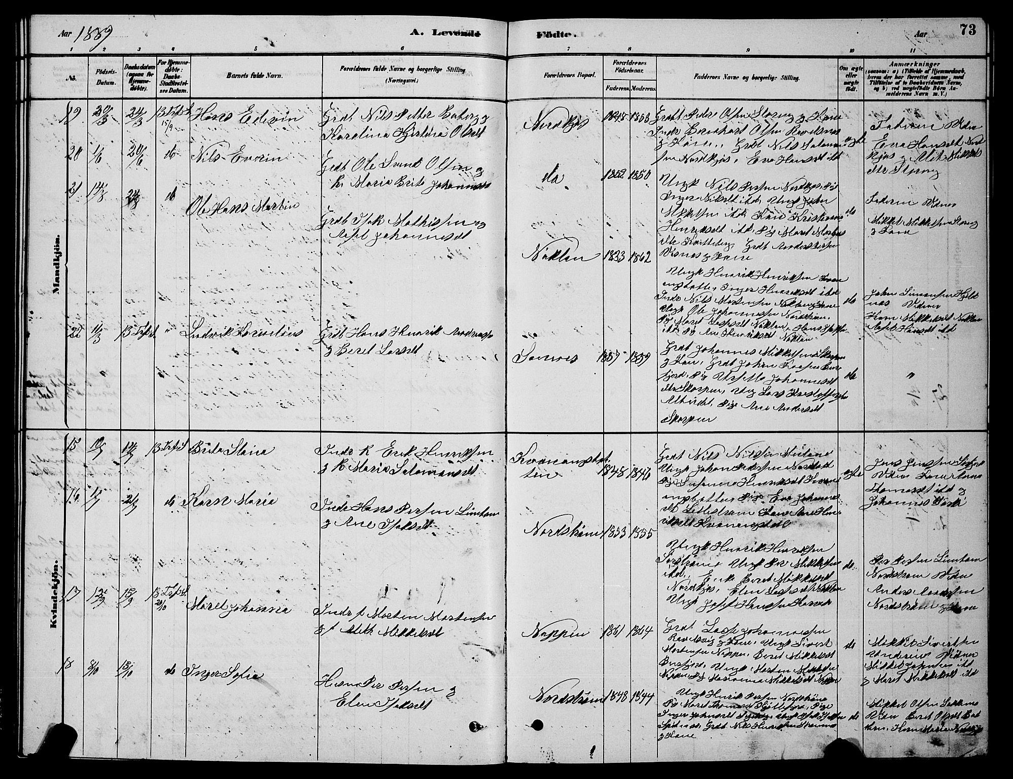 Skjervøy sokneprestkontor, AV/SATØ-S-1300/H/Ha/Hab/L0015klokker: Klokkerbok nr. 15, 1878-1890, s. 73