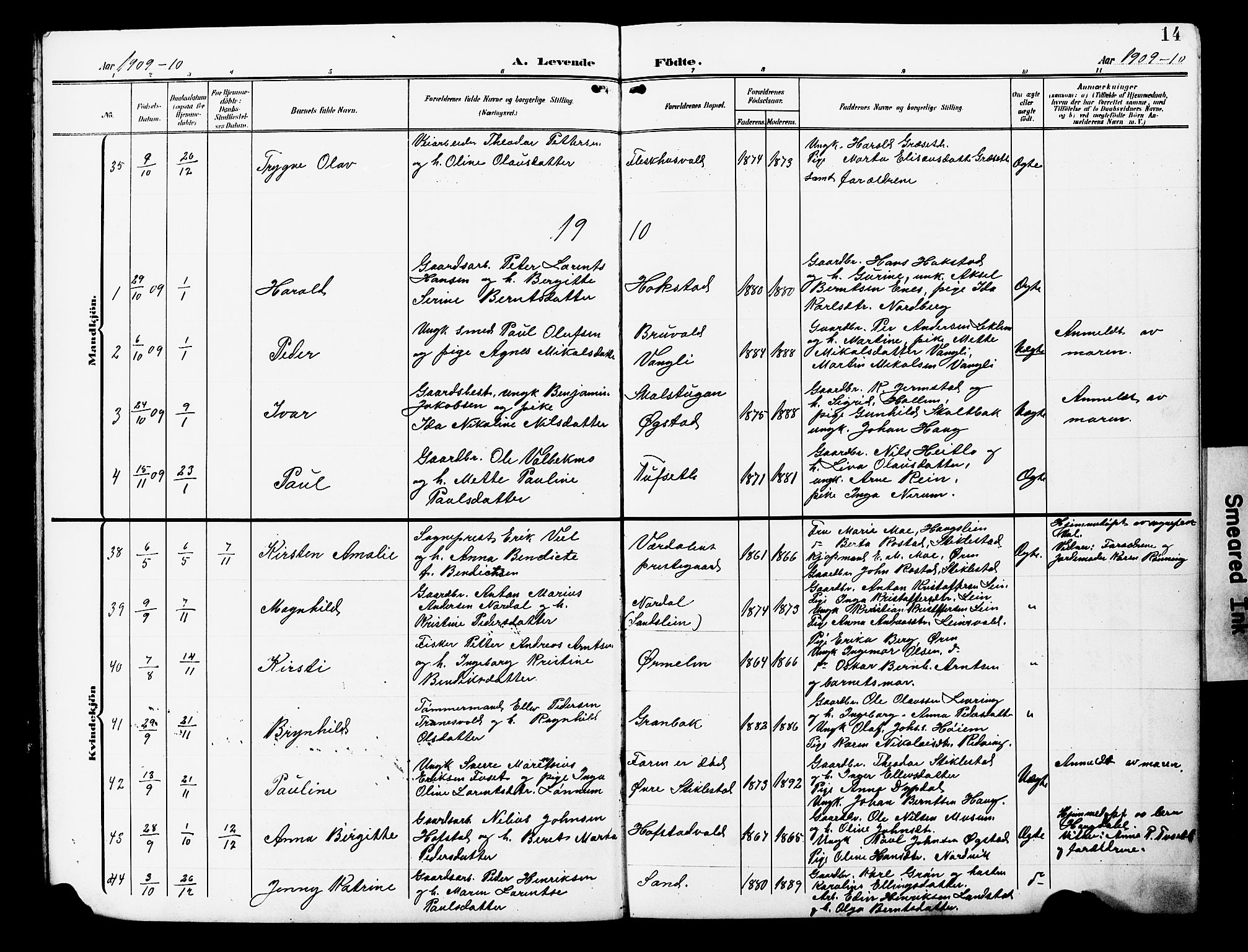 Ministerialprotokoller, klokkerbøker og fødselsregistre - Nord-Trøndelag, AV/SAT-A-1458/723/L0258: Klokkerbok nr. 723C06, 1908-1927, s. 14