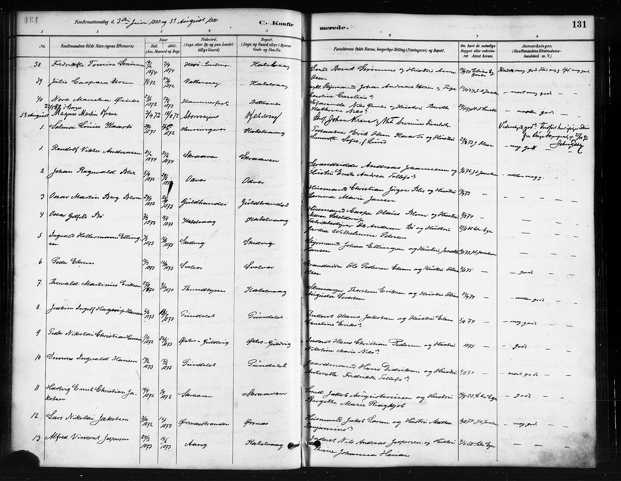 Ministerialprotokoller, klokkerbøker og fødselsregistre - Nordland, SAT/A-1459/874/L1059: Ministerialbok nr. 874A03, 1884-1890, s. 131