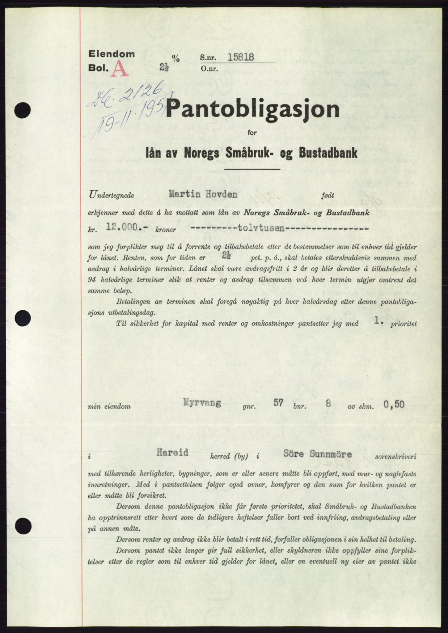 Søre Sunnmøre sorenskriveri, AV/SAT-A-4122/1/2/2C/L0120: Pantebok nr. 8B, 1951-1951, Dagboknr: 2126/1951