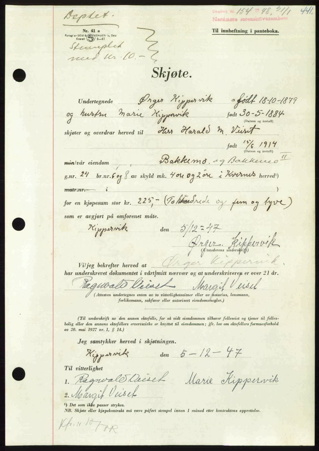 Nordmøre sorenskriveri, AV/SAT-A-4132/1/2/2Ca: Pantebok nr. A107, 1947-1948, Dagboknr: 154/1948