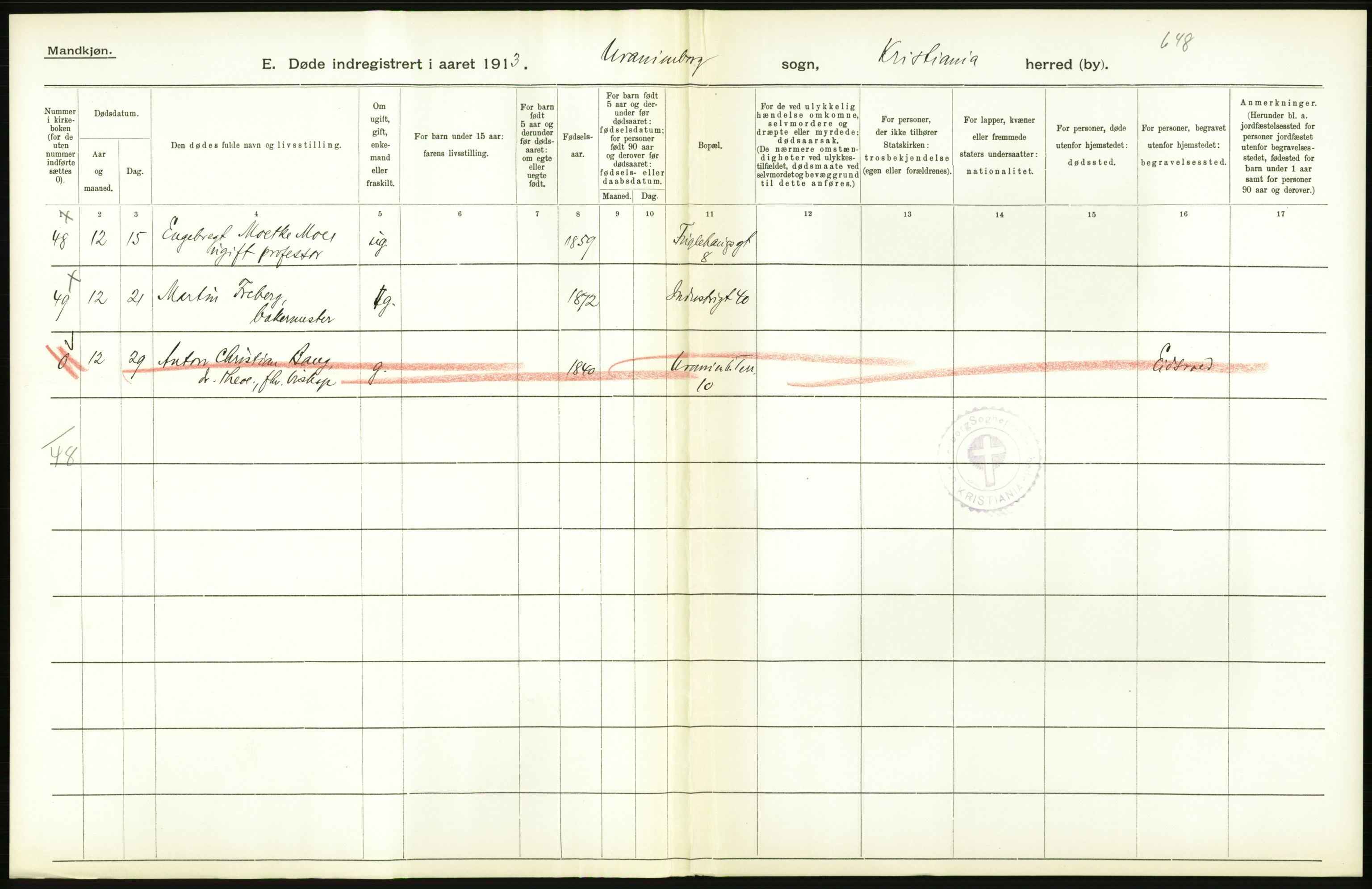 Statistisk sentralbyrå, Sosiodemografiske emner, Befolkning, AV/RA-S-2228/D/Df/Dfb/Dfbc/L0009: Kristiania: Døde., 1913, s. 446