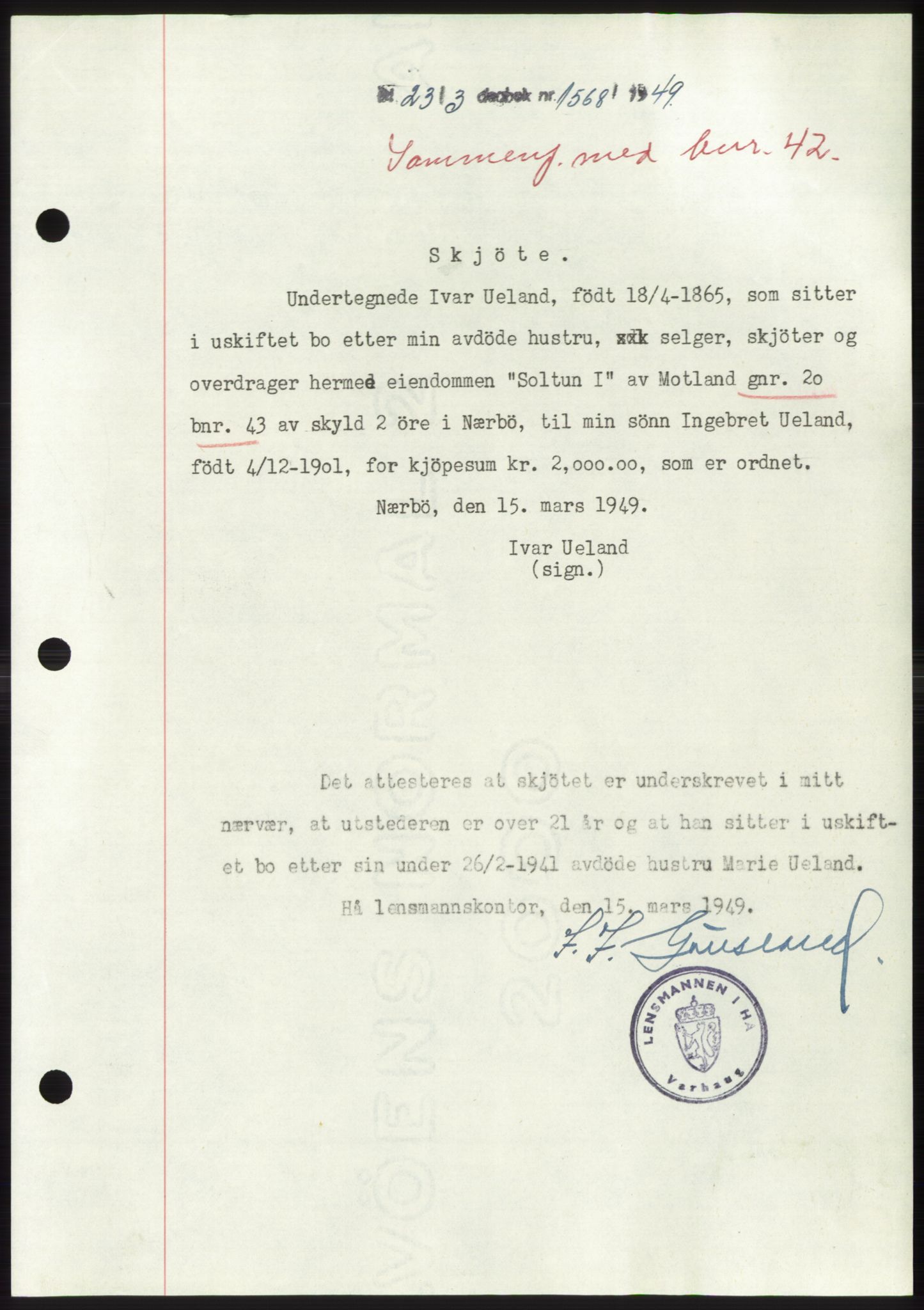 Jæren sorenskriveri, SAST/A-100310/03/G/Gba/L0102: Pantebok, 1949-1949, Dagboknr: 1568/1949