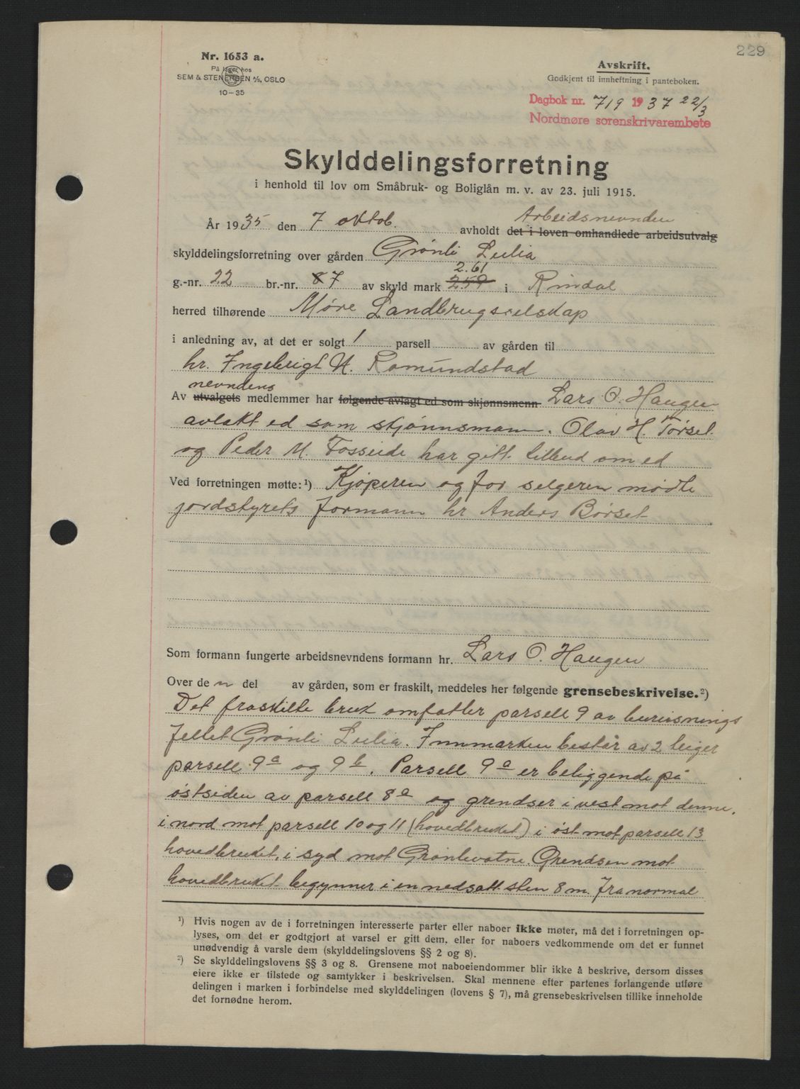 Nordmøre sorenskriveri, SAT/A-4132/1/2/2Ca: Pantebok nr. A81, 1937-1937, Dagboknr: 719/1937