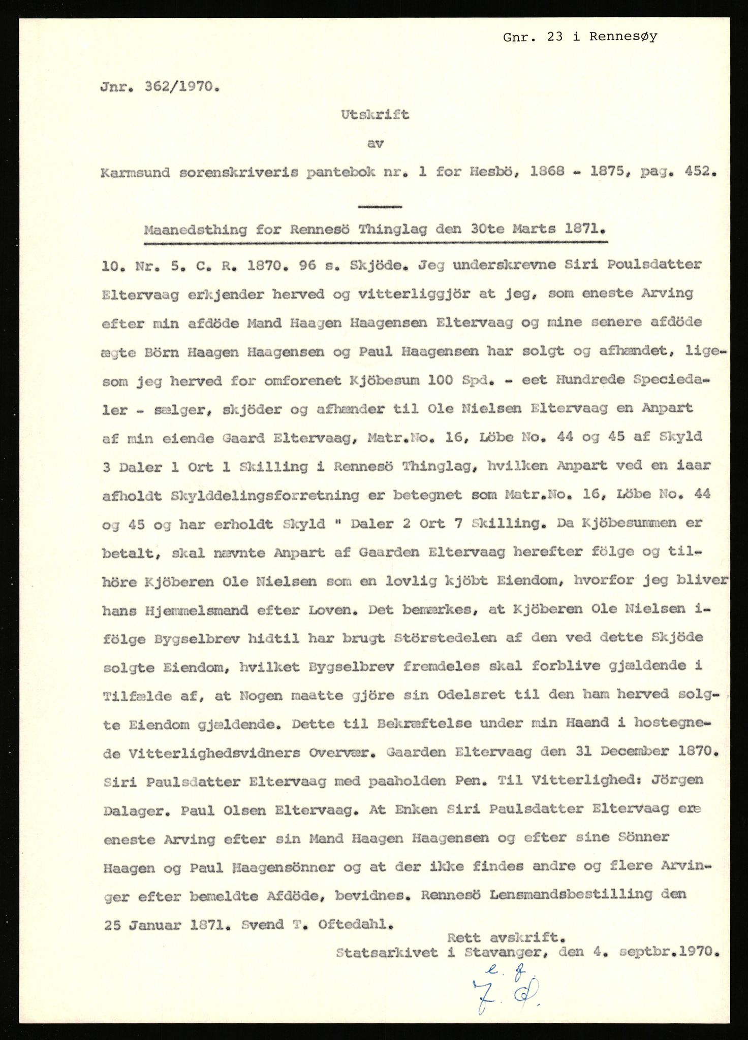 Statsarkivet i Stavanger, SAST/A-101971/03/Y/Yj/L0017: Avskrifter sortert etter gårdsnavn: Eigeland østre - Elve, 1750-1930, s. 471