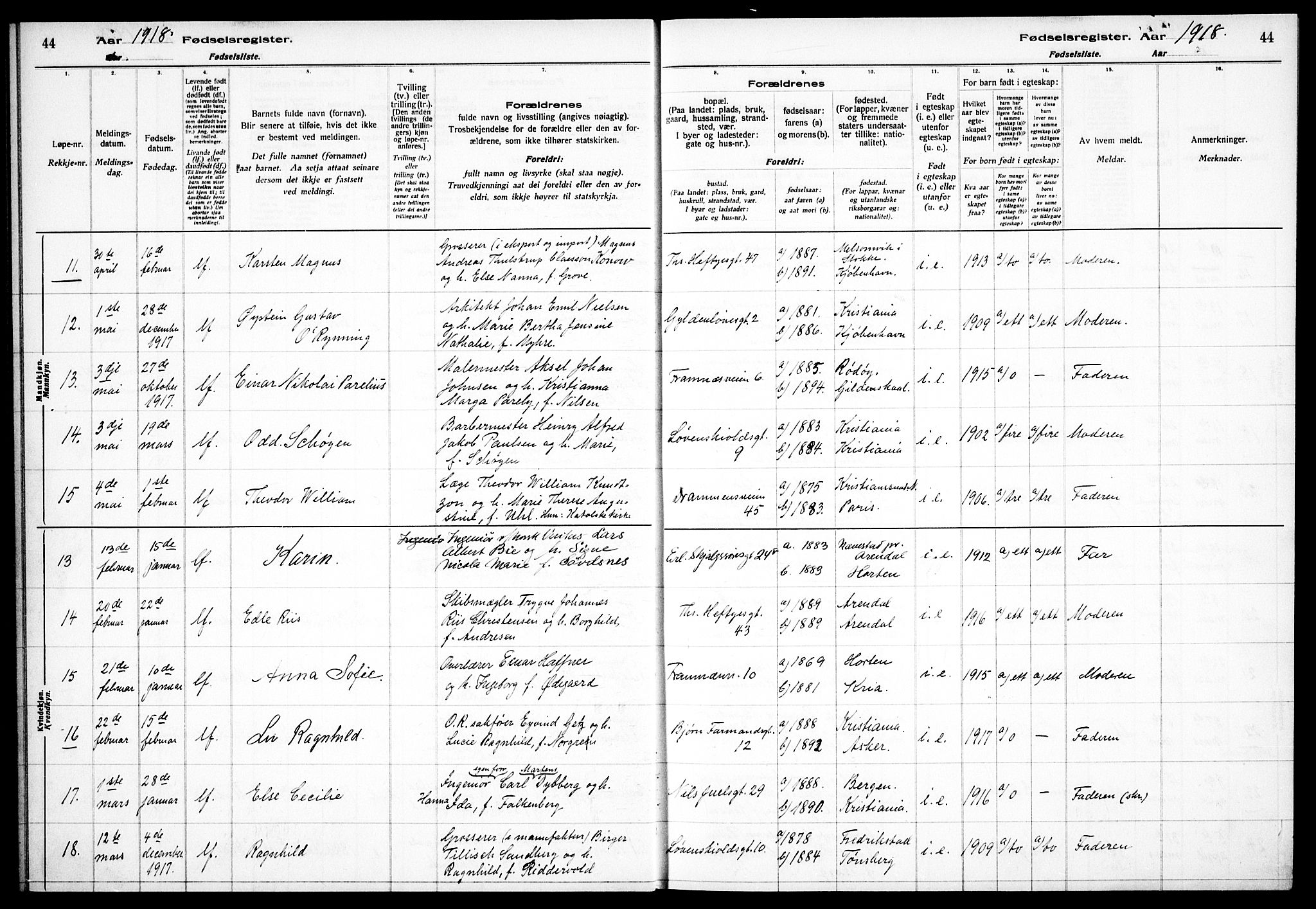 Frogner prestekontor Kirkebøker, AV/SAO-A-10886/J/Ja/L0001: Fødselsregister nr. 1, 1916-1927, s. 44