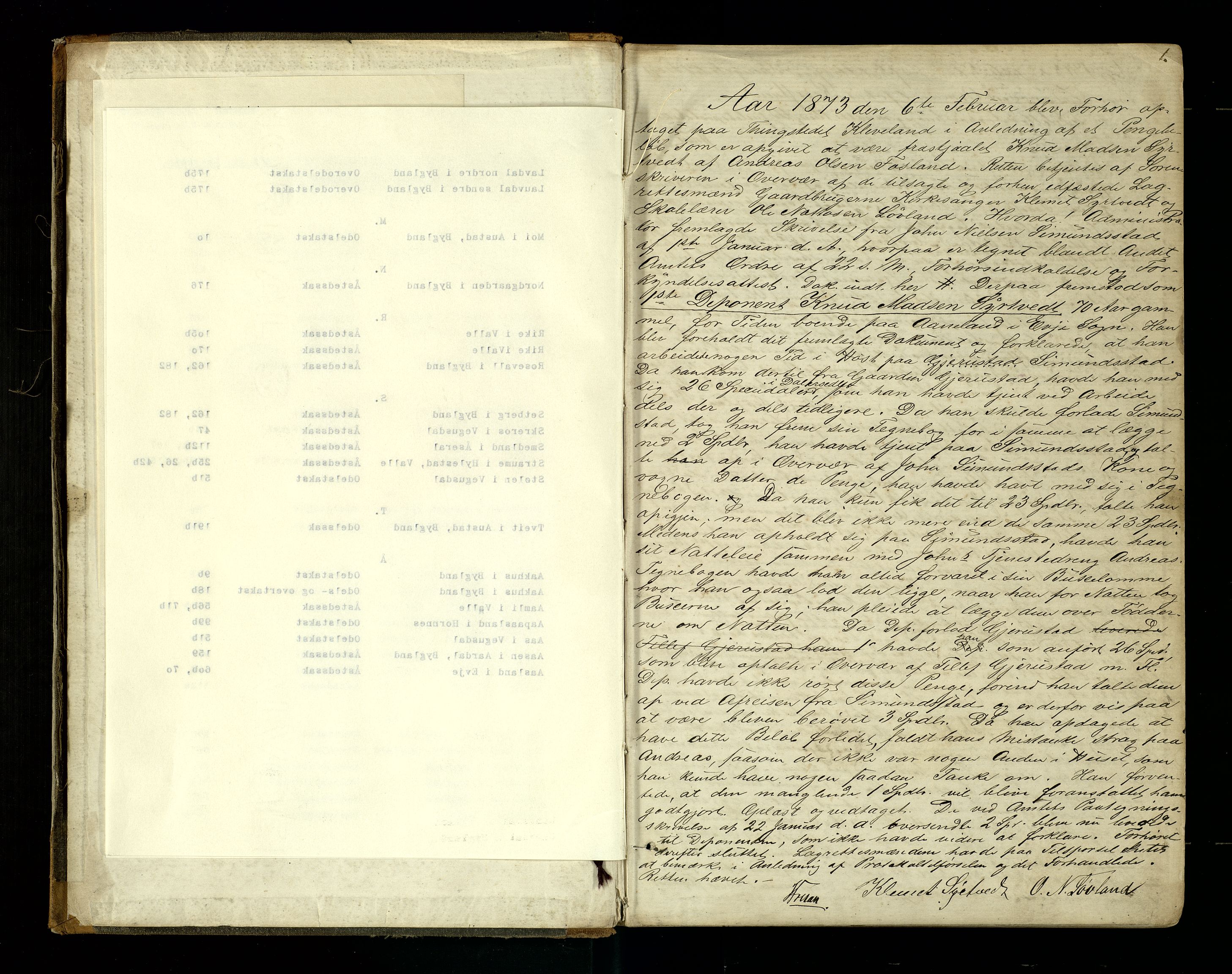Setesdal sorenskriveri, SAK/1221-0011/F/Fb/L0008: Ekstrarettsprotokoll nr 8, 1873-1876, s. 1
