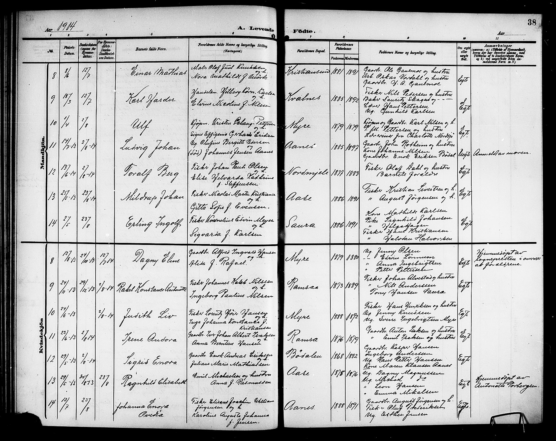 Ministerialprotokoller, klokkerbøker og fødselsregistre - Nordland, AV/SAT-A-1459/897/L1414: Klokkerbok nr. 897C04, 1904-1915, s. 38