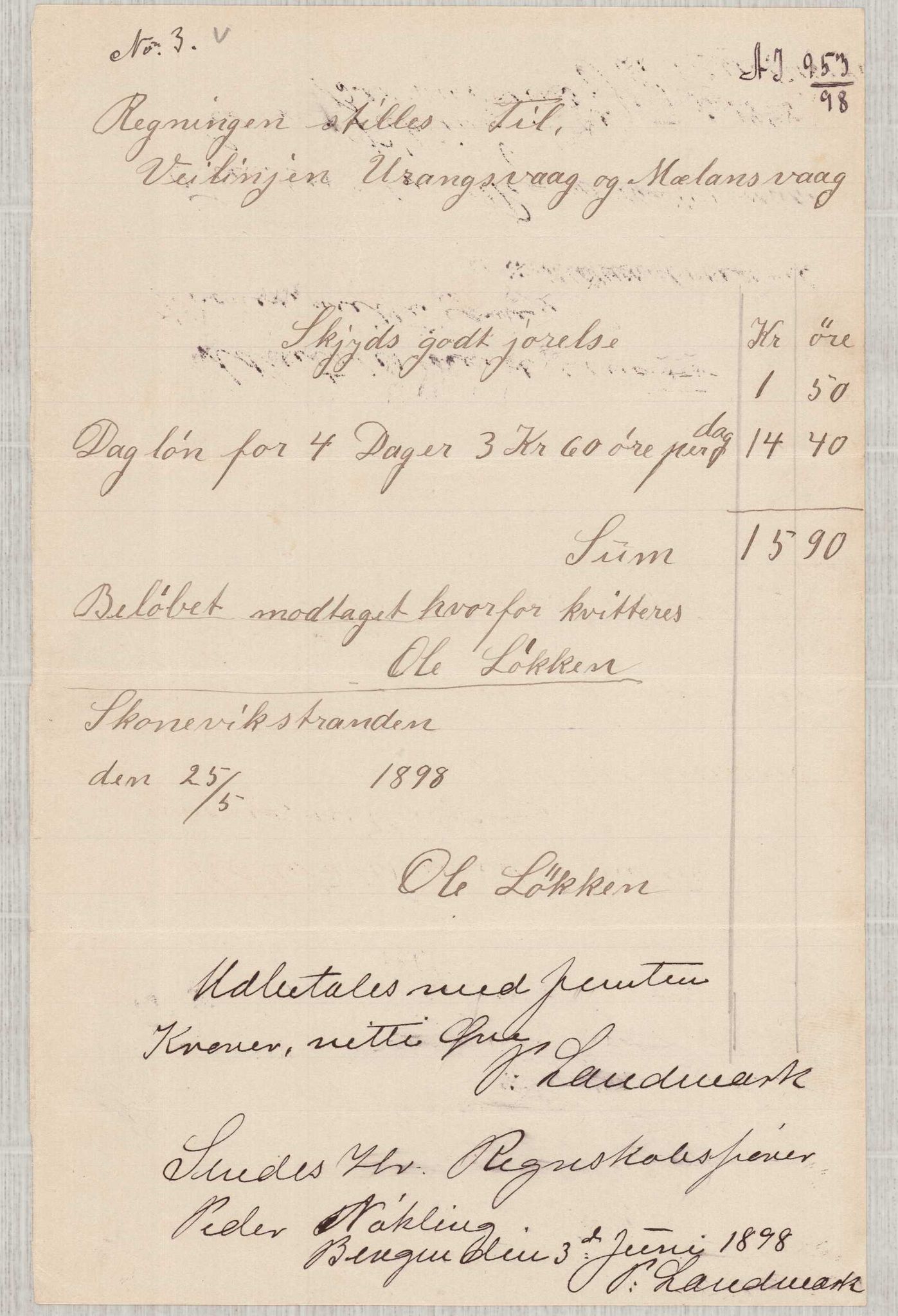 Finnaas kommune. Formannskapet, IKAH/1218a-021/E/Ea/L0002/0001: Rekneskap for veganlegg / Rekneskap for veganlegget Urangsvåg - Mælandsvåg, 1898-1900, s. 14