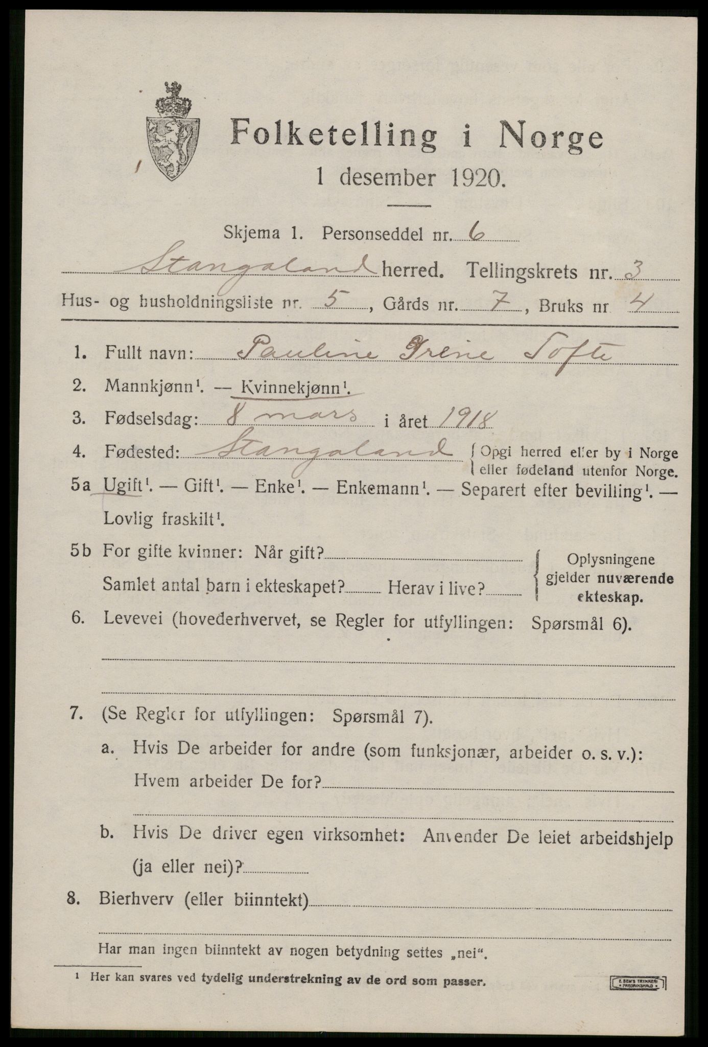 SAST, Folketelling 1920 for 1148 Stangaland herred, 1920, s. 2249