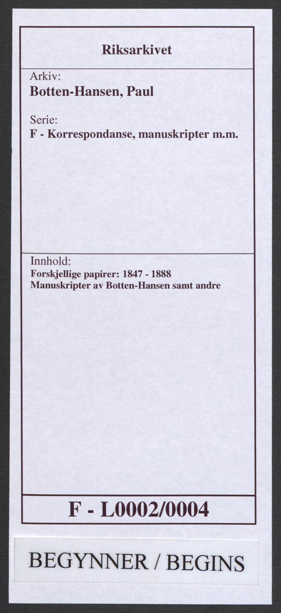 Botten-Hansen, Paul, AV/RA-PA-0017/F/L0002/0004: Forskjellige papirer: / Manuskripter av Botten-Hansen samt andre, 1824-1869, s. 1
