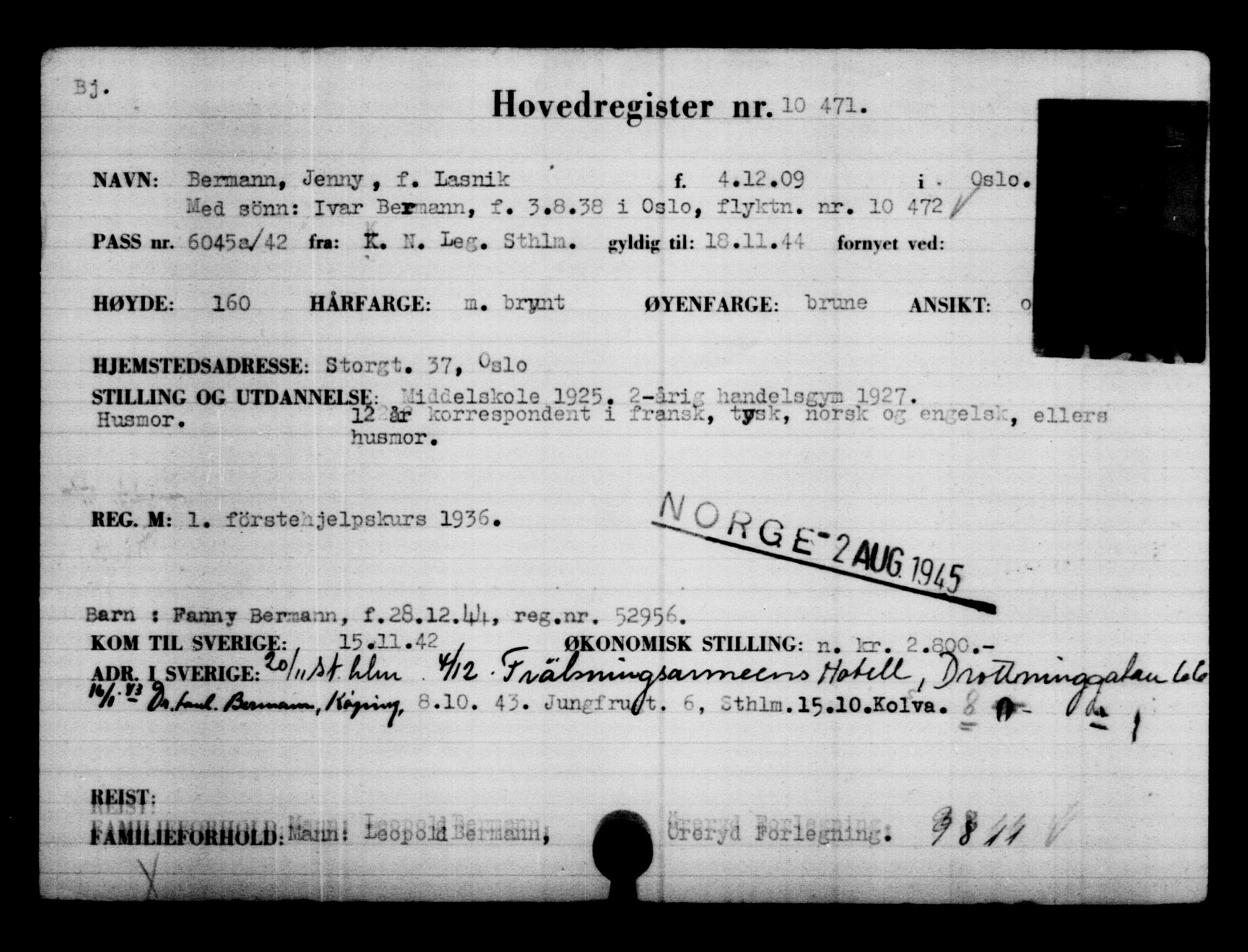 Utenriksstasjonene, Legasjonen i Stockholm, Flyktningkontoret, AV/RA-S-6753/V/Va/L0006: Kjesäterkartoteket, flyktninger med registreringsnr. 9400-12711, 1940-1945, s. 1230