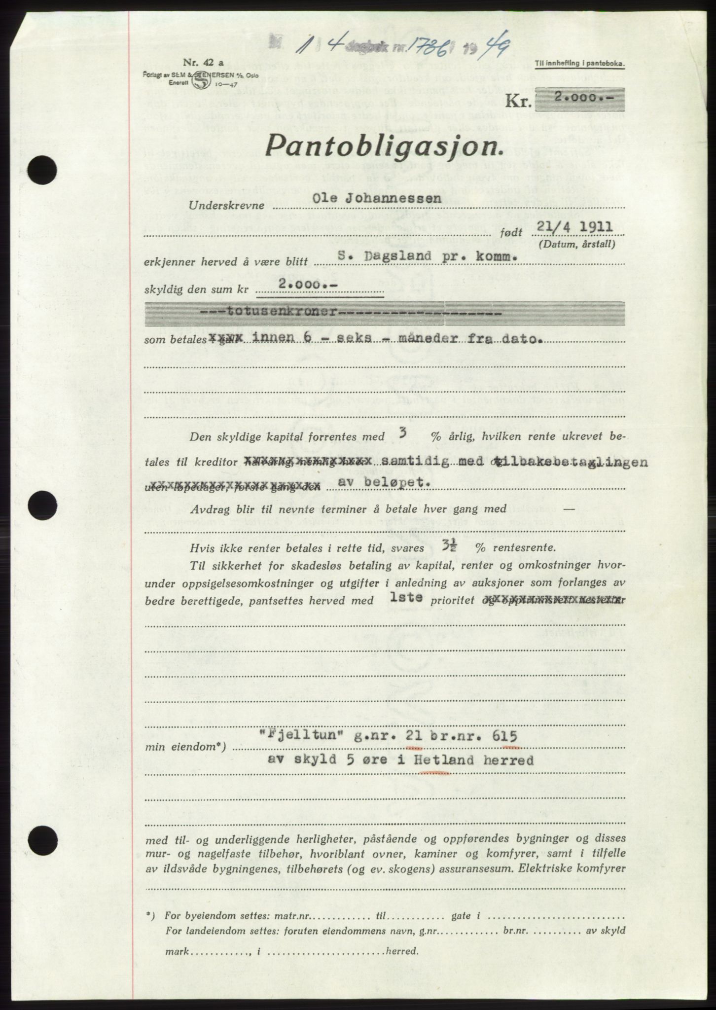 Jæren sorenskriveri, SAST/A-100310/03/G/Gba/L0102: Pantebok, 1949-1949, Dagboknr: 1736/1949
