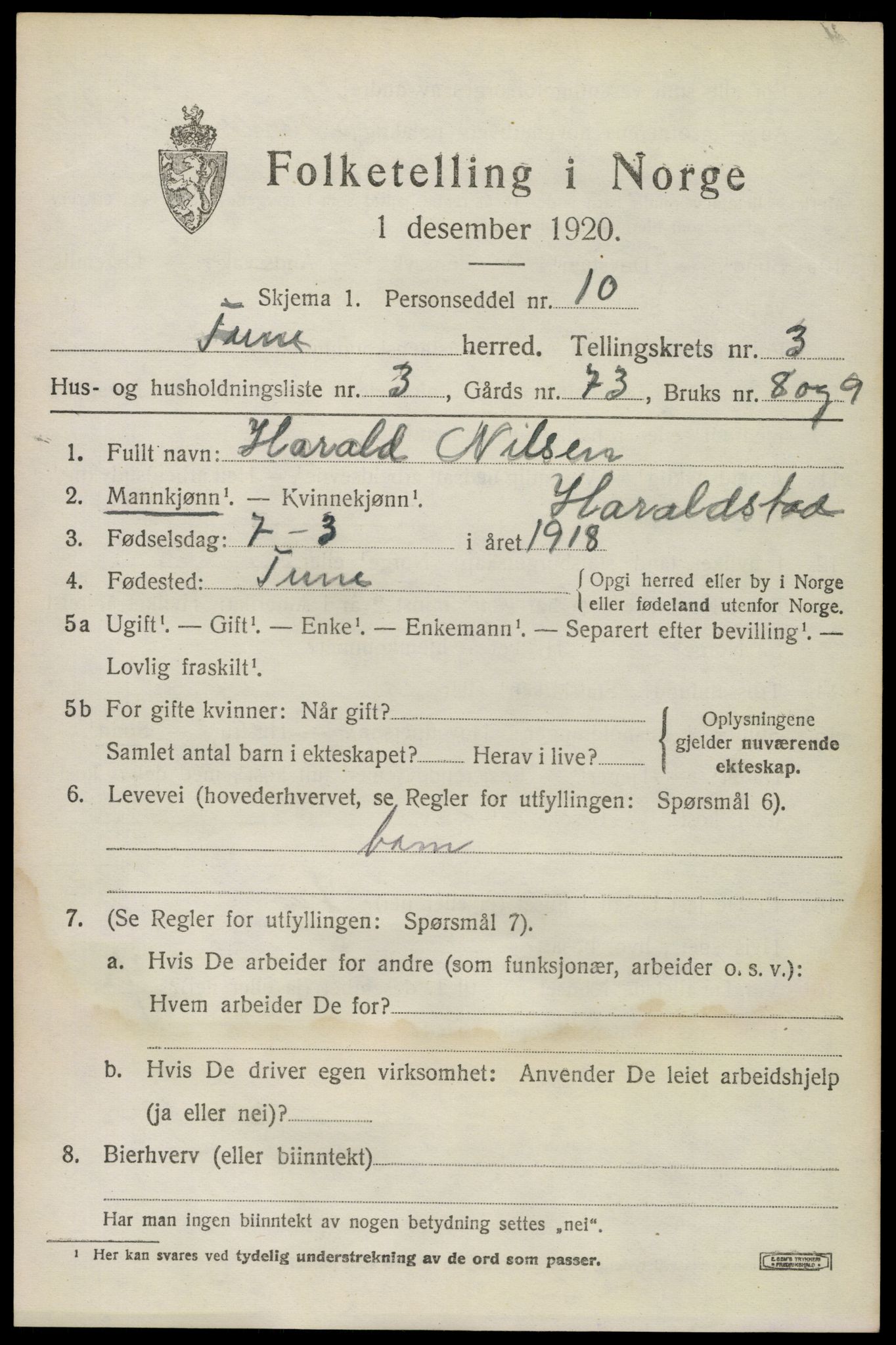 SAO, Folketelling 1920 for 0130 Tune herred, 1920, s. 3708