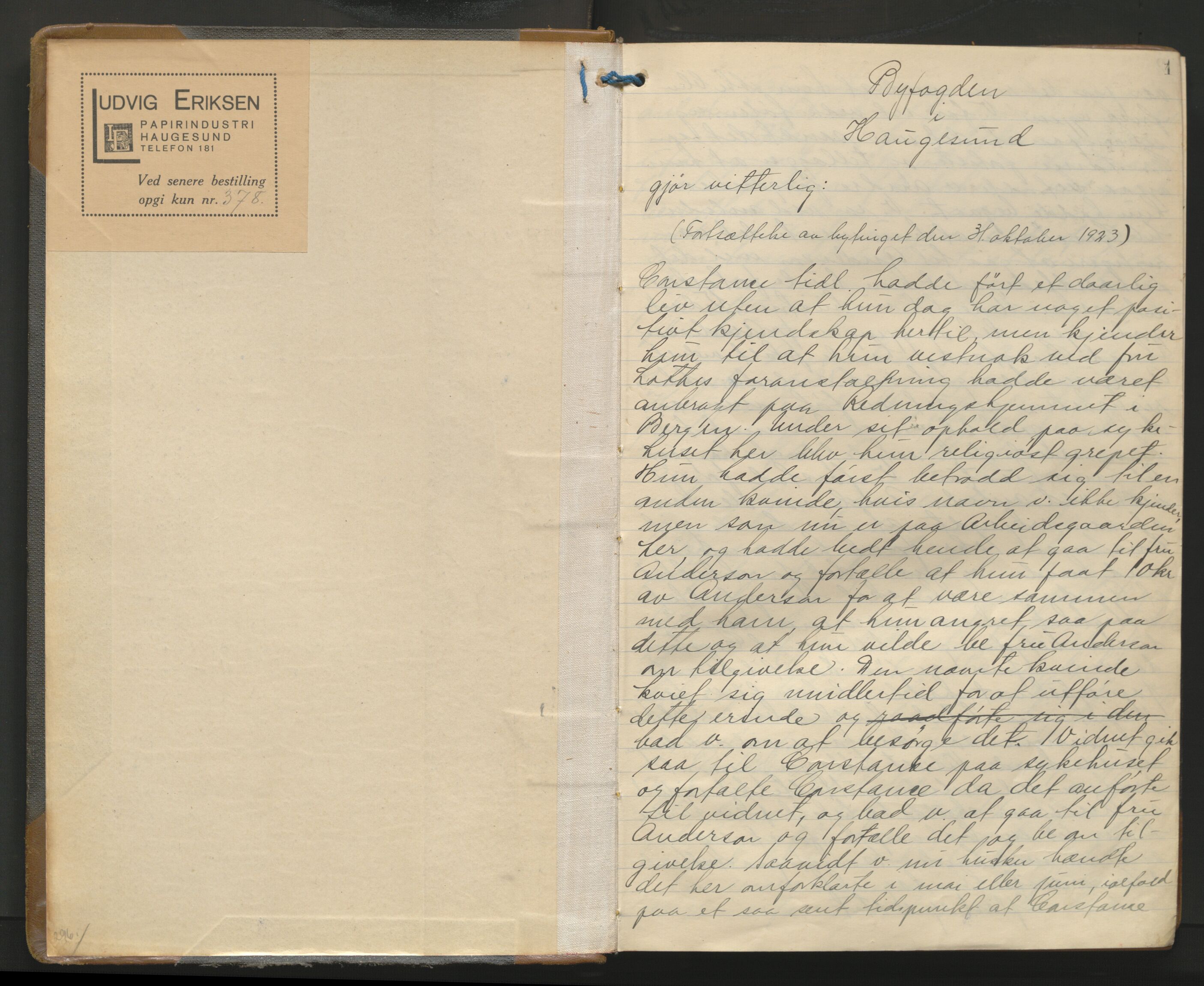 Haugesund tingrett, AV/SAST-A-101415/01/V/VA/L0017: Bytingsprotokoll, 1923-1925, s. 1