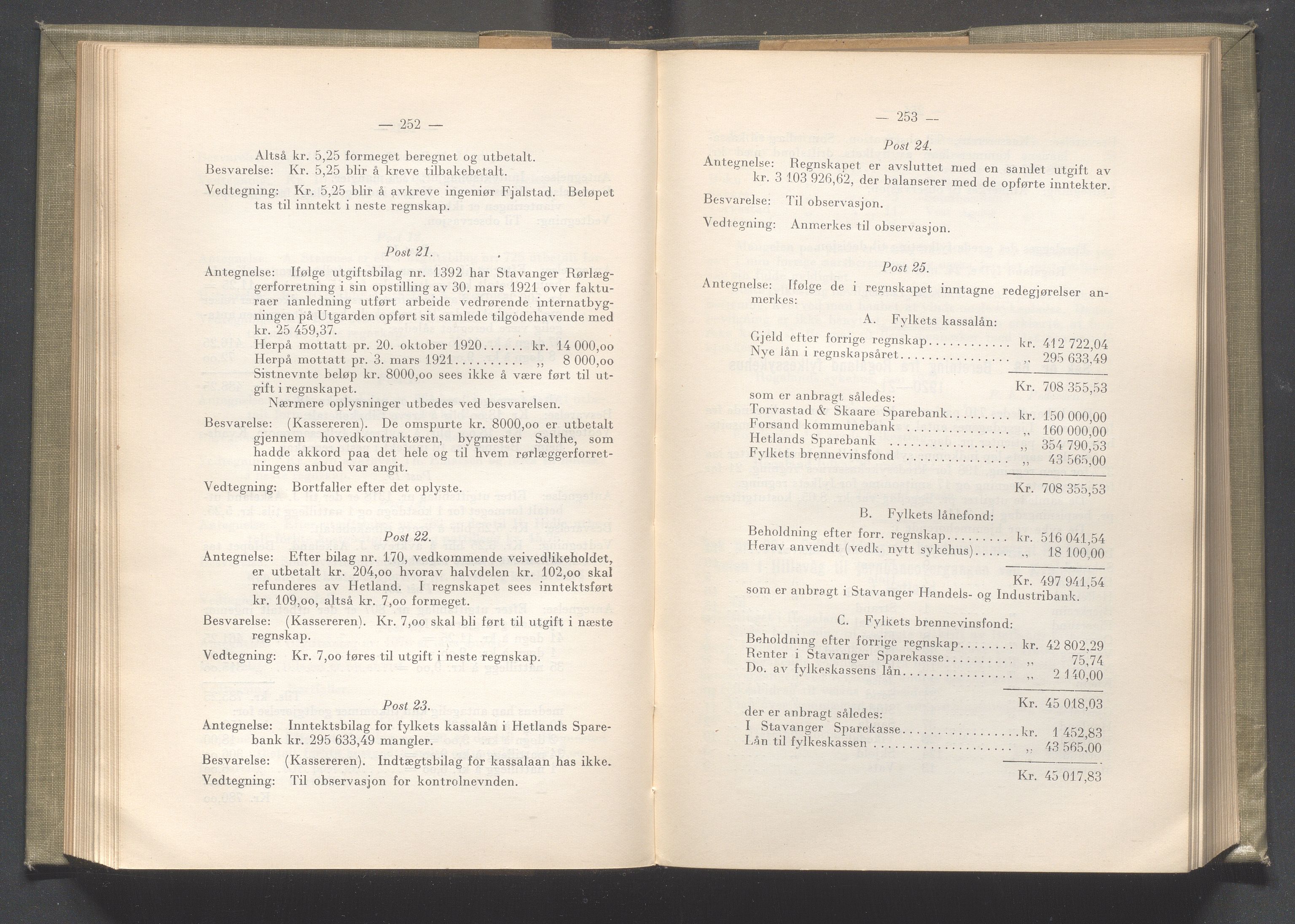 Rogaland fylkeskommune - Fylkesrådmannen , IKAR/A-900/A/Aa/Aaa/L0041: Møtebok , 1922, s. 252-253