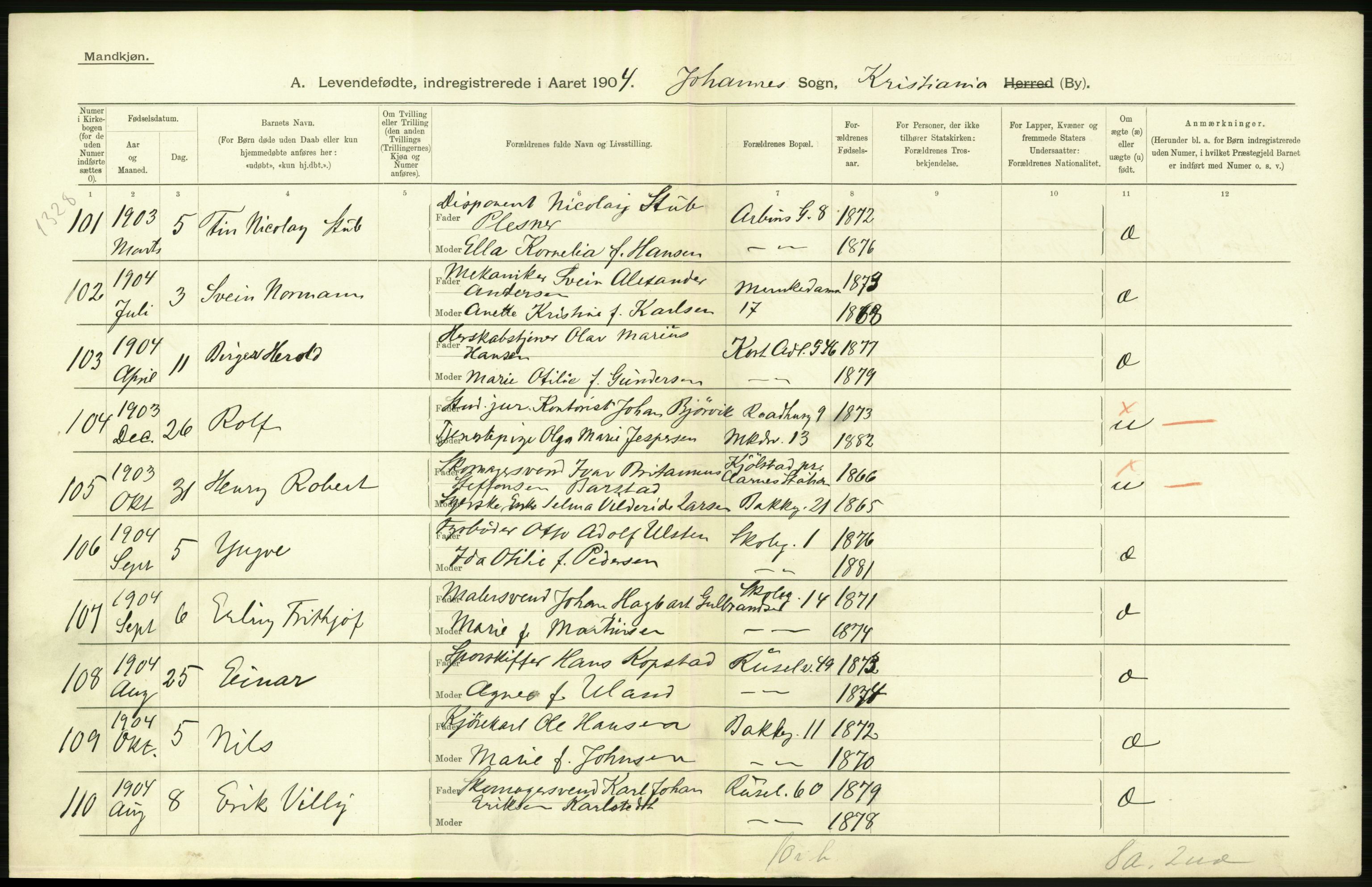 Statistisk sentralbyrå, Sosiodemografiske emner, Befolkning, AV/RA-S-2228/D/Df/Dfa/Dfab/L0003: Kristiania: Fødte, 1904, s. 232